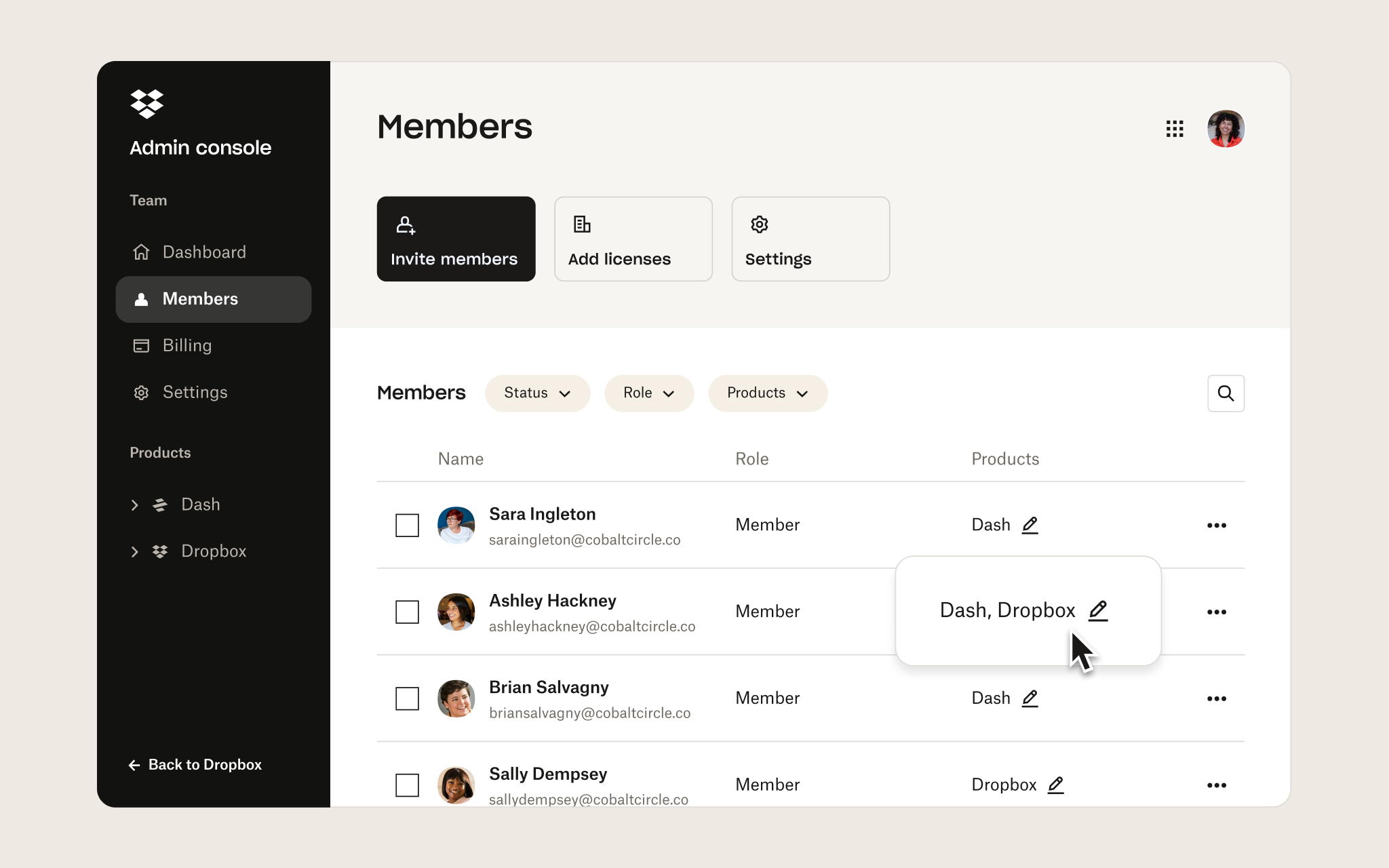 Admin console interface in Dropbox