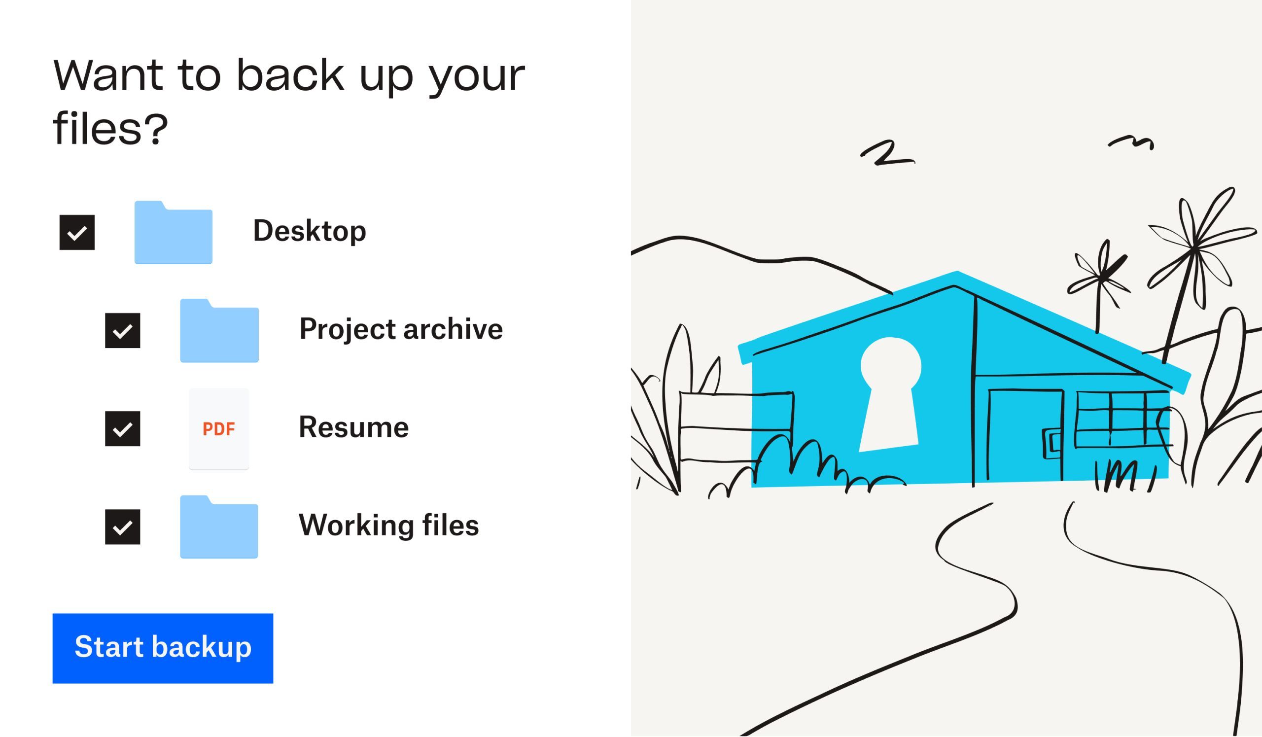An illustration of a blue house next to the Dropbox Backup interface that includes a three file icons and a PDF icon and a blue “start backup” button