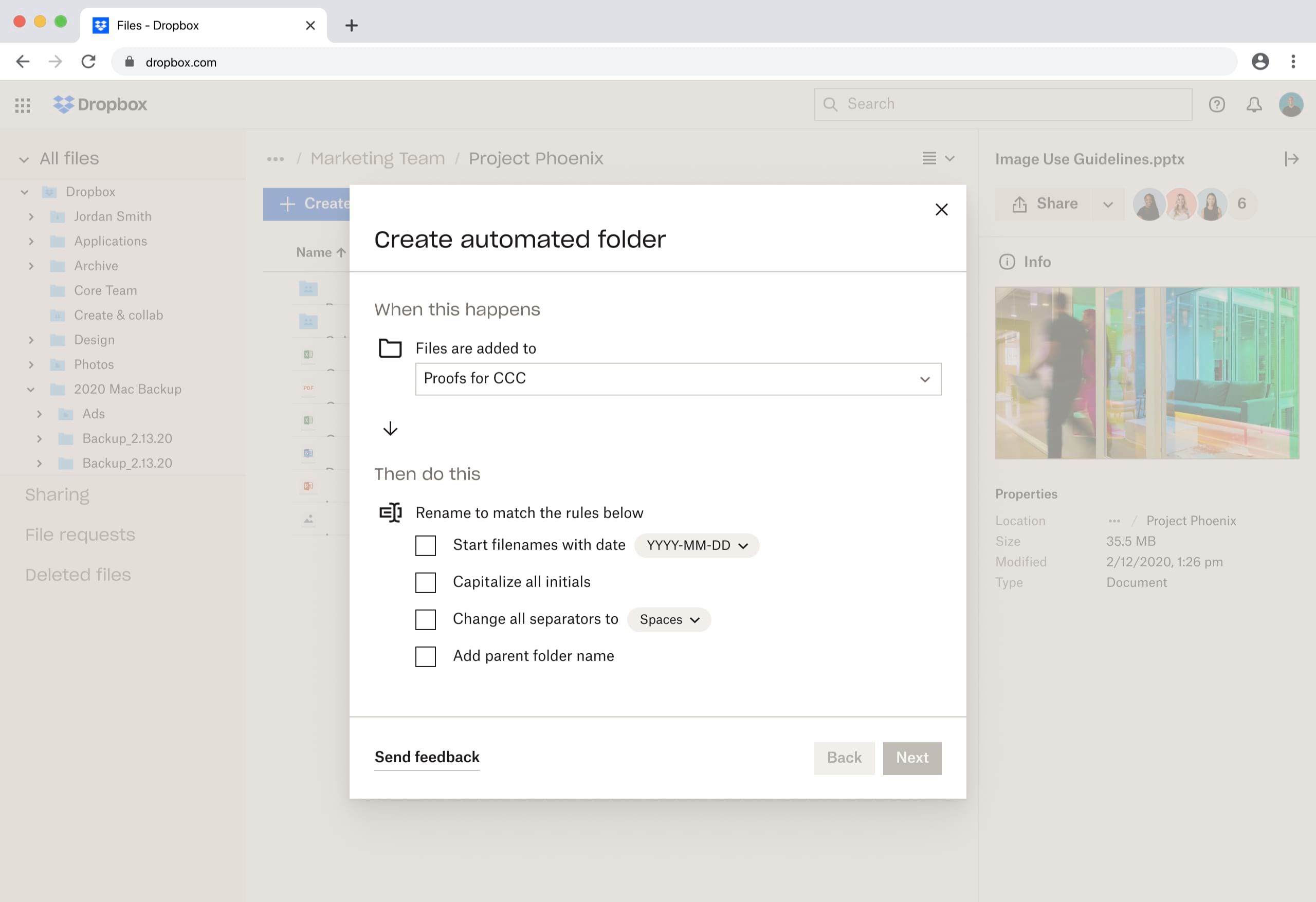 The Dropbox automated folder interface showing a dropdown of files to be added to the folder and a checklist of potential actions, including saving the file names with dates, capitalizing all initials, changing separators, and adding the parent folder name to the file name