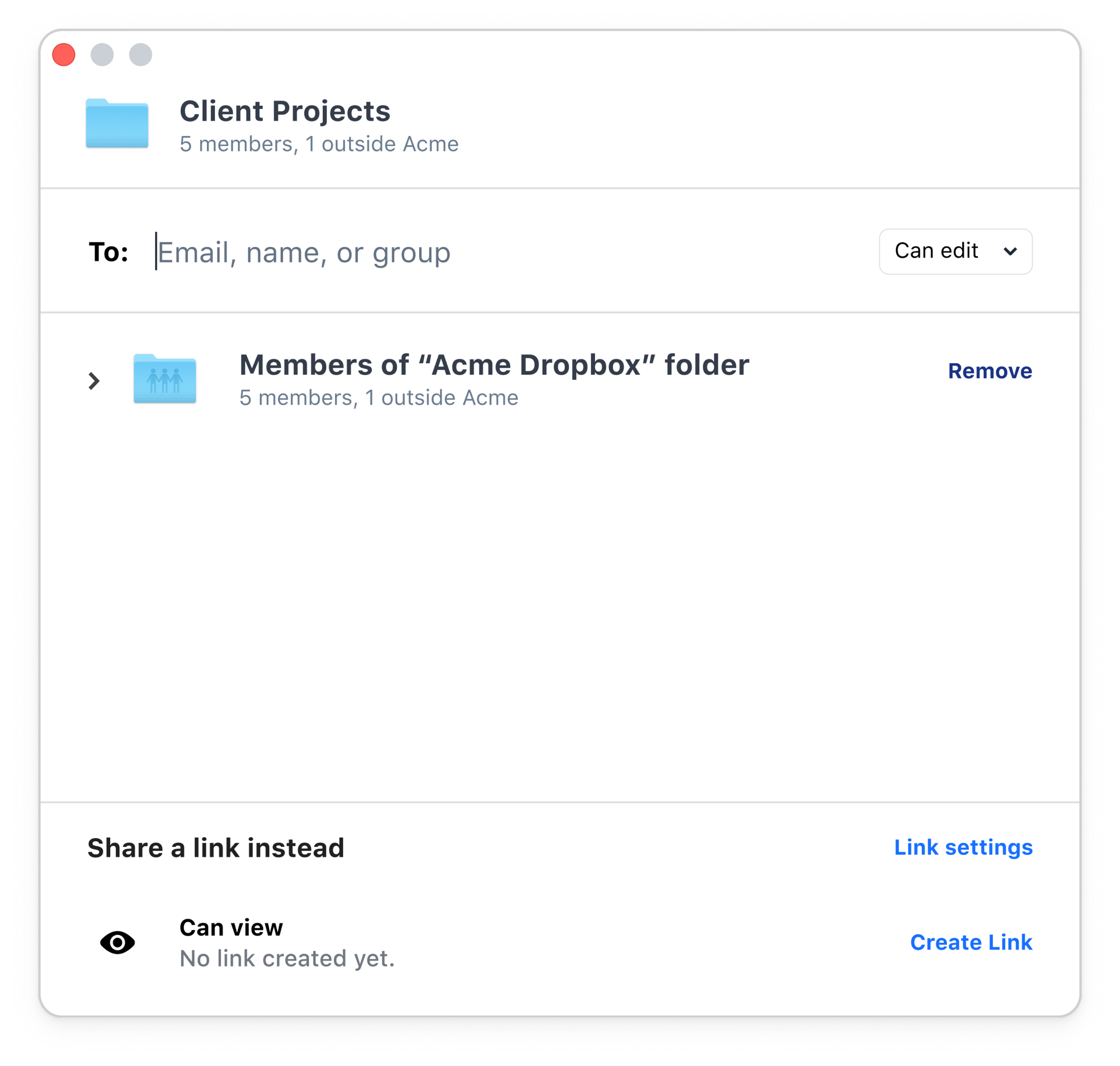 The Dropbox interface where a file is being shared with other team members with a view-only permission setting