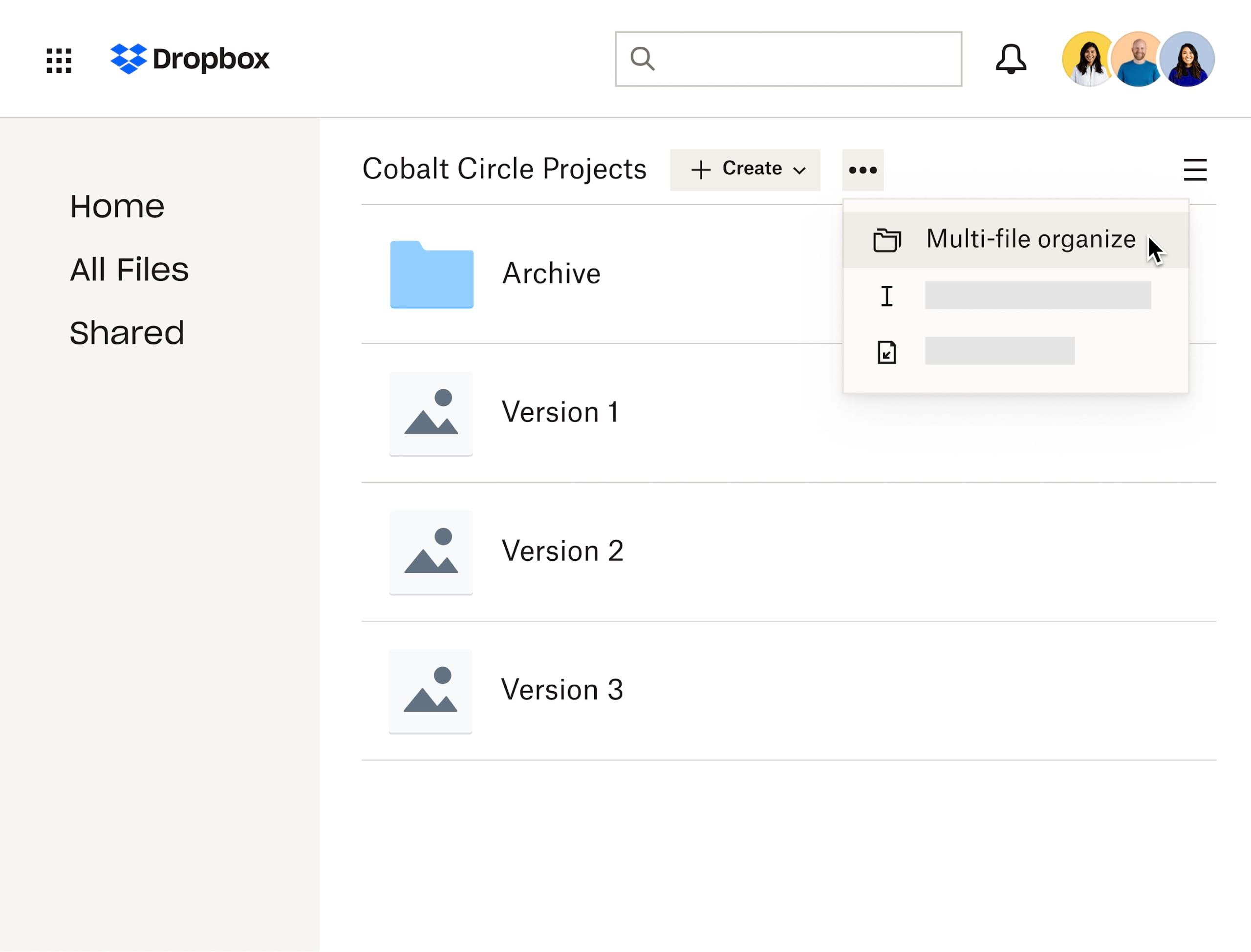 A user selecting the Multi-file organize option in a dropdown within a Dropbox folder