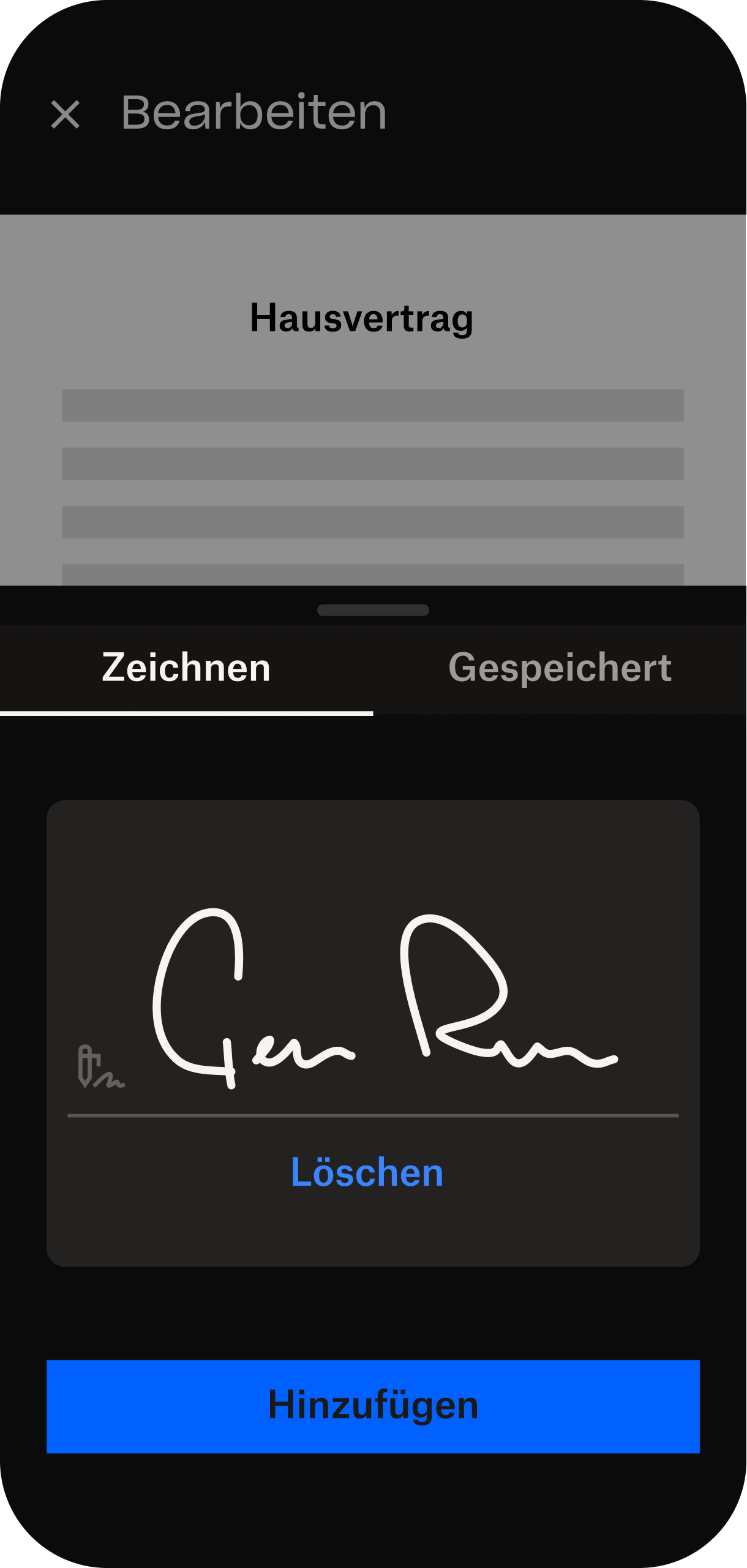 Hier ist die Benutzeroberfläche für die elektronische Unterzeichnung auf einem Mobilgerät zu sehen.