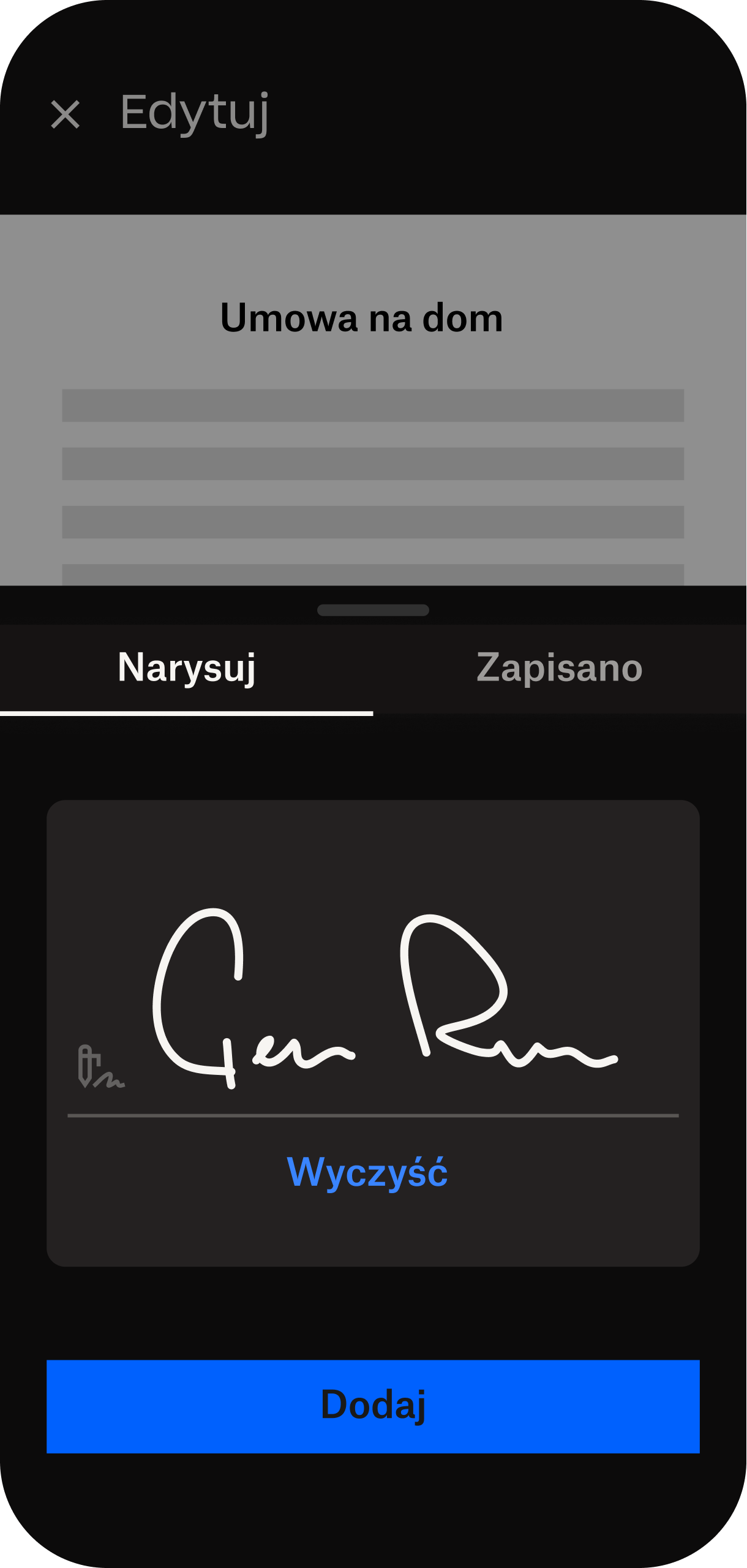 Interfejs użytkownika podpisu elektronicznego na urządzeniu mobilnym