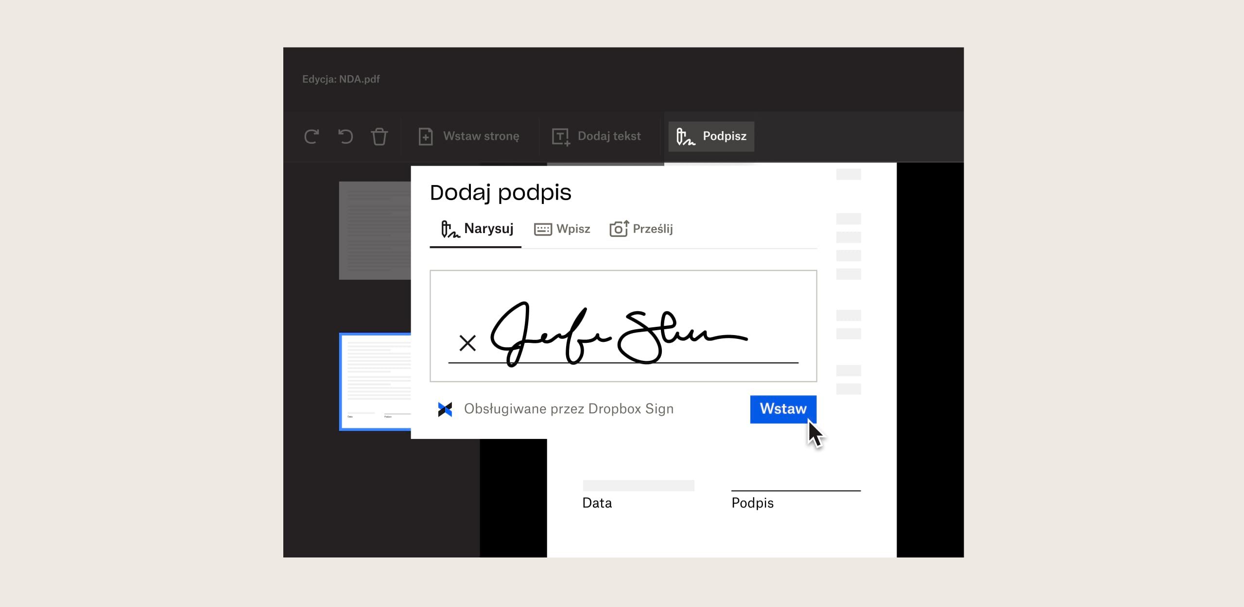 Osoba składa podpis na dokumencie za pomocą Dropbox Sign