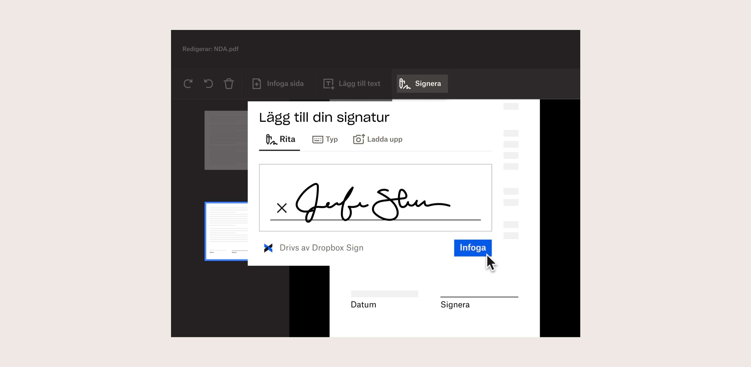 En person infogar sin signatur i ett dokument med Dropbox Sign