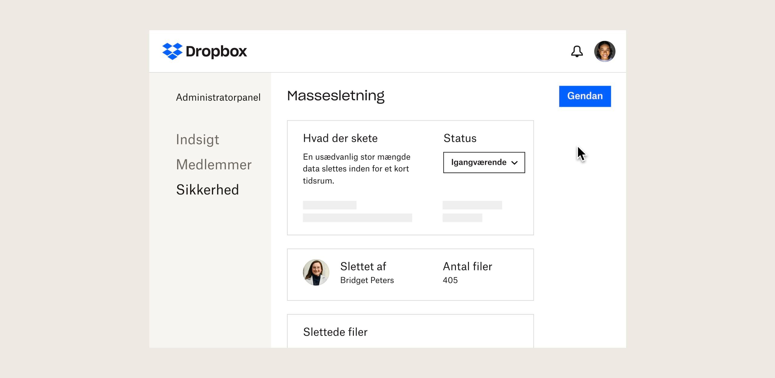 En teamadministrator bliver advaret om massesletning af filer i Dropbox