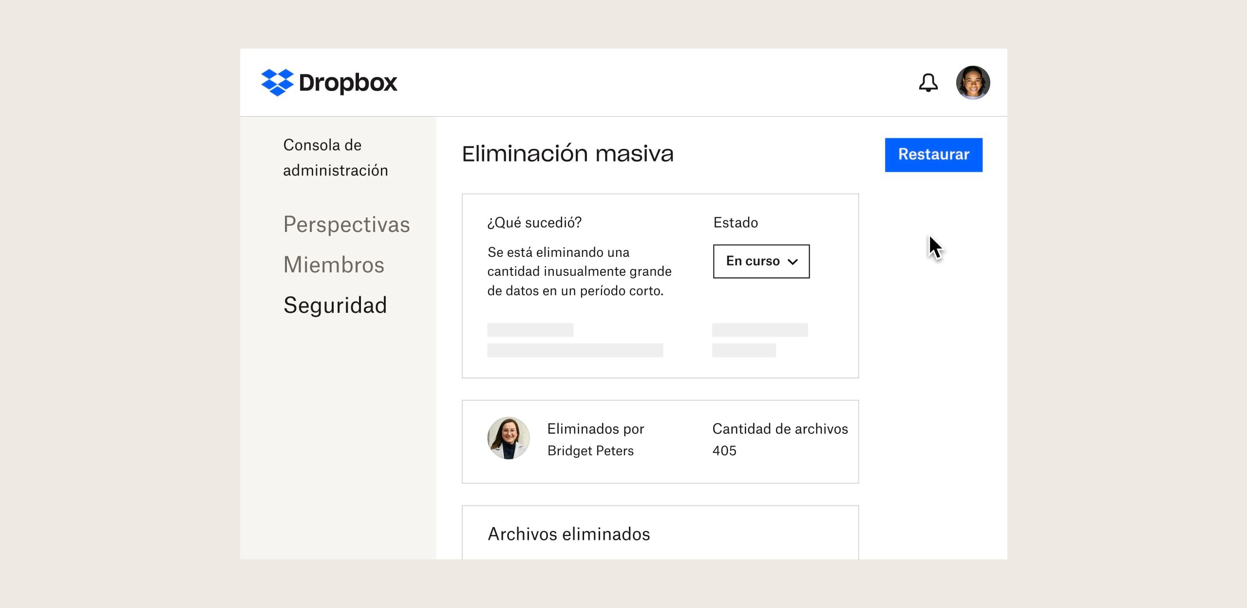 Se avisa a un administrador de equipo sobre la eliminación masiva de archivos en Dropbox.