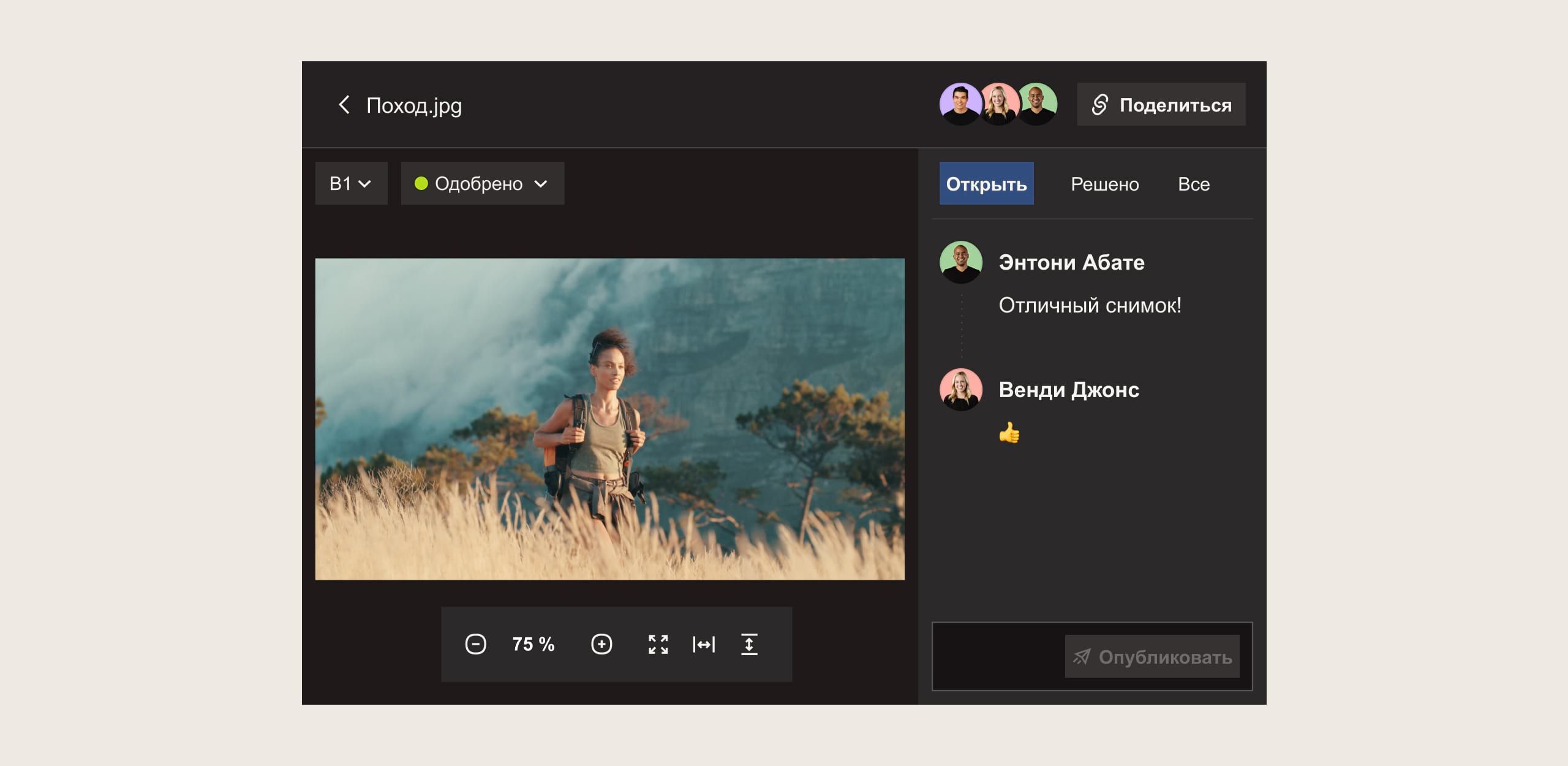 Два пользователя комментируют изображение в интерфейсе Dropbox Replay