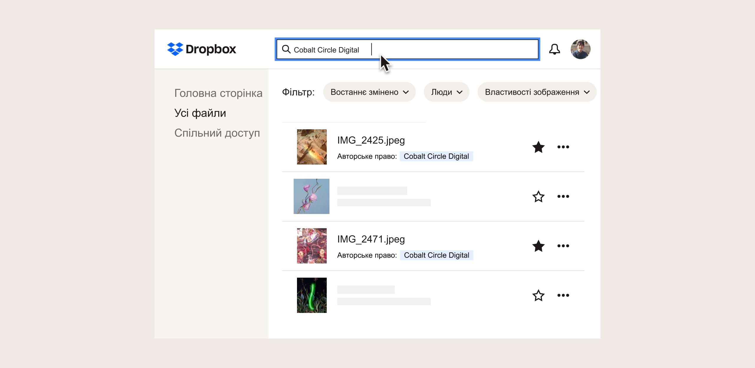 Сторінка результатів пошуку зображень із авторським правом в інтерфейсі Dropbox