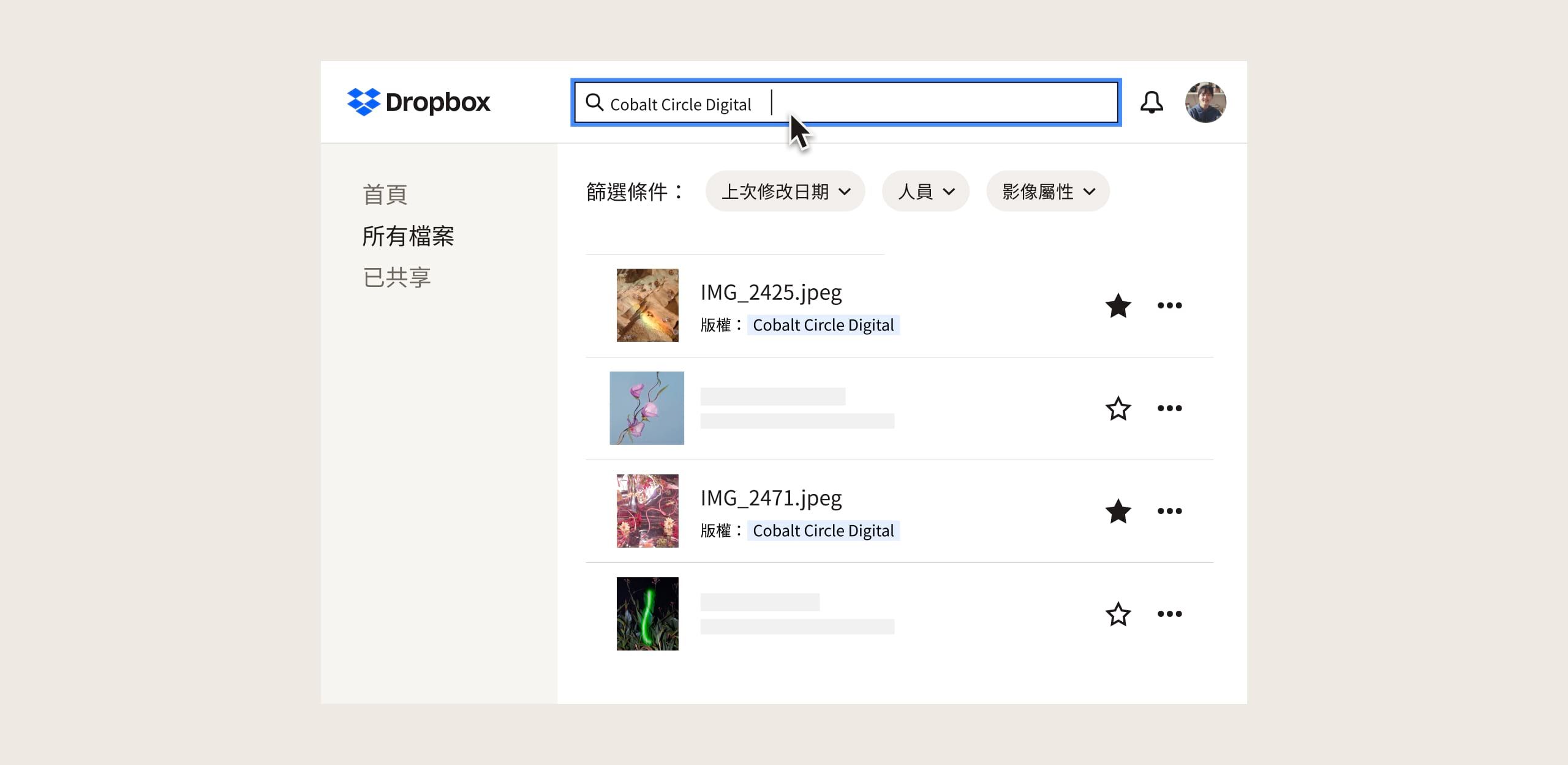 Dropbox 介面中具有版權圖片的搜尋結果頁面