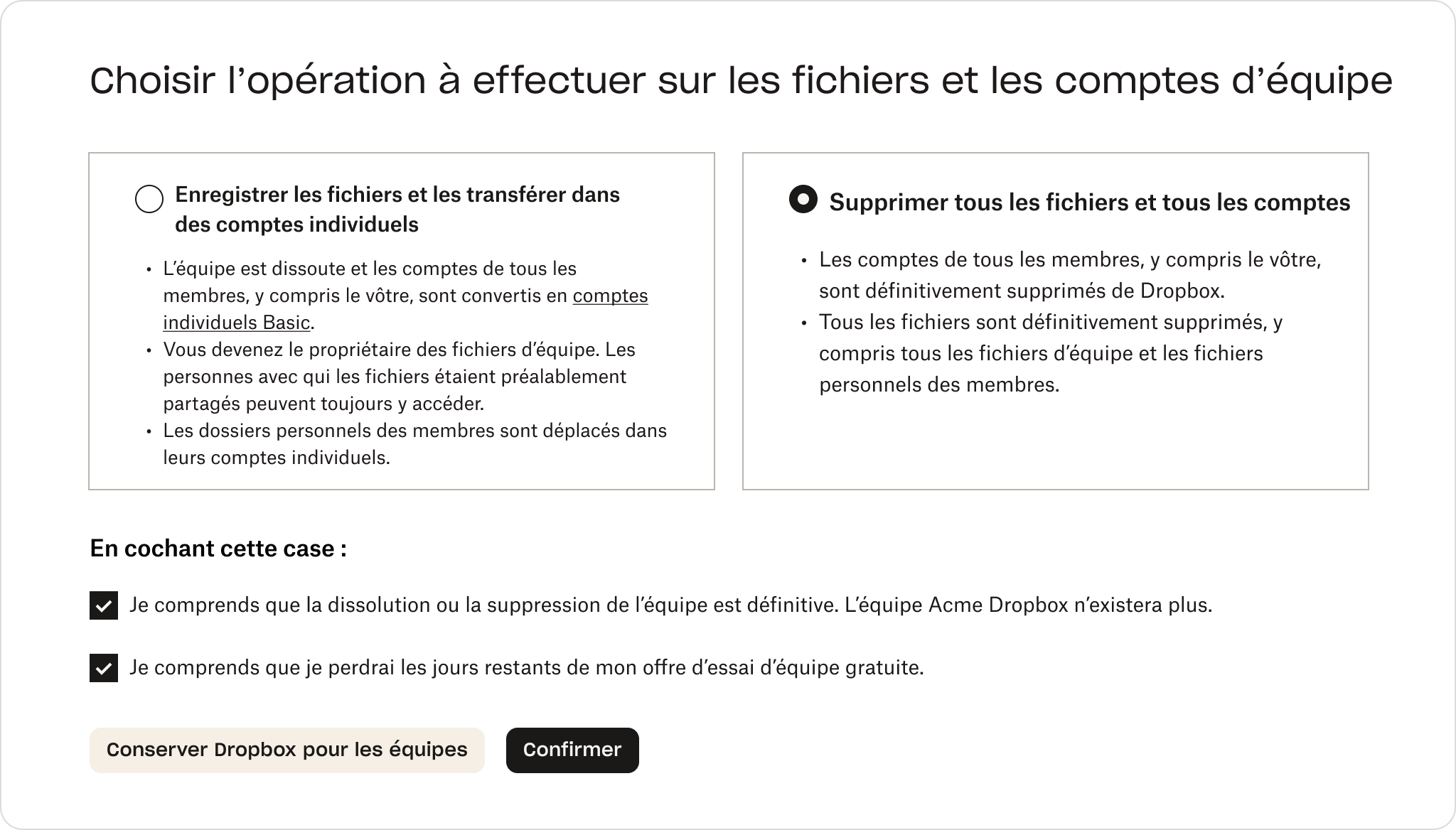 Écran de l’interface d’administration Dropbox montrant l’option permettant d’enregistrer ou de supprimer des fichiers d’équipe