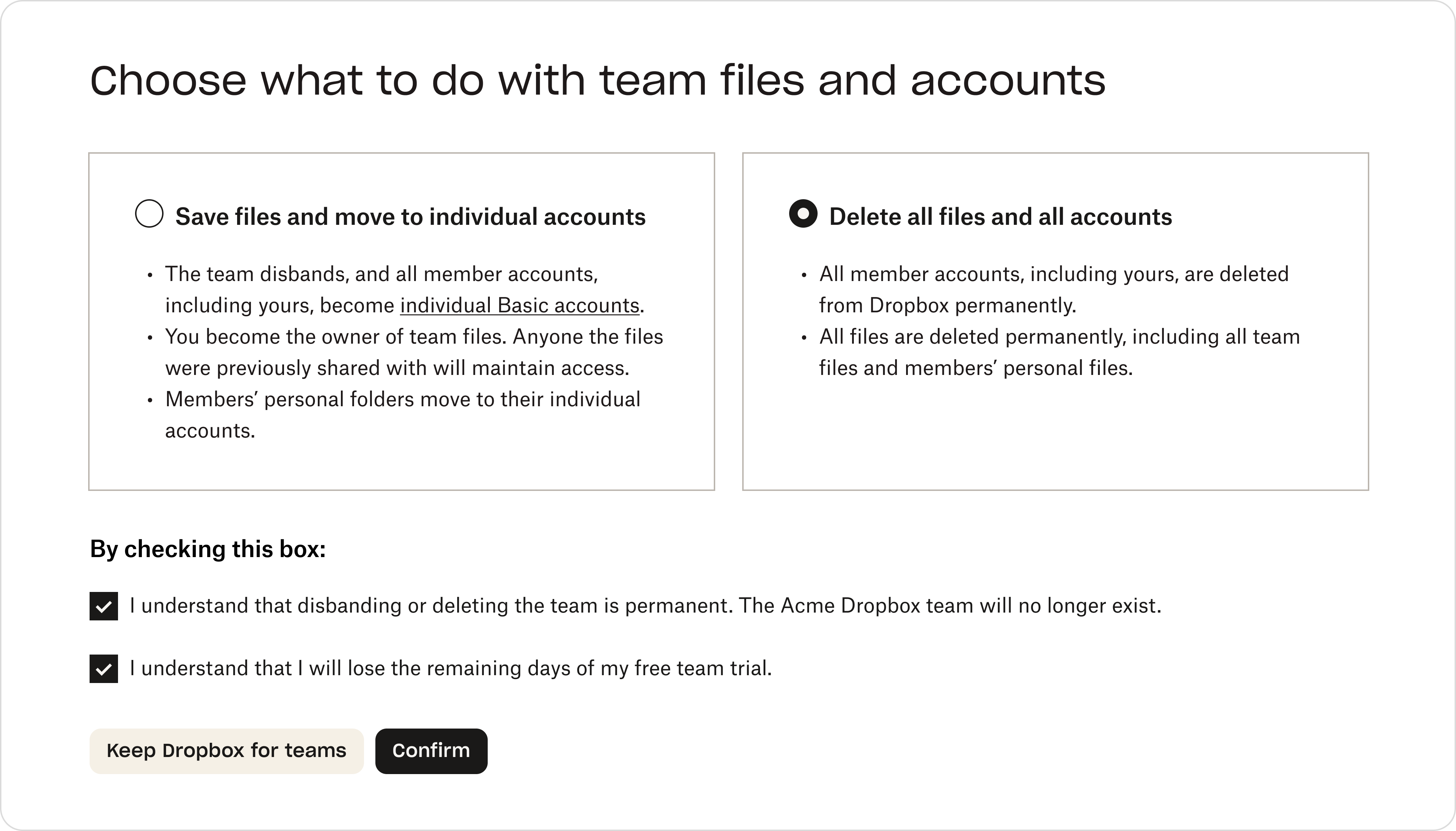 A screen within the Dropbox admin console showing the option to save or delete teams files 