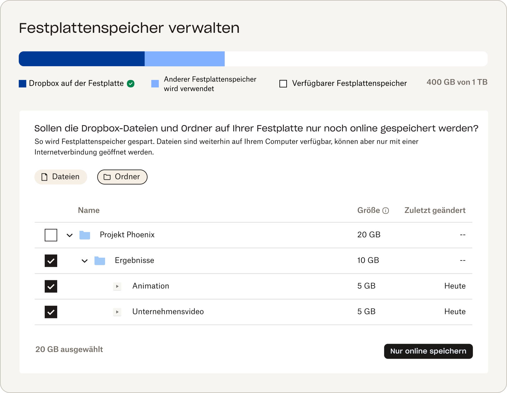 Festplatten-Speichernutzung mit Daten und einem Diagramm