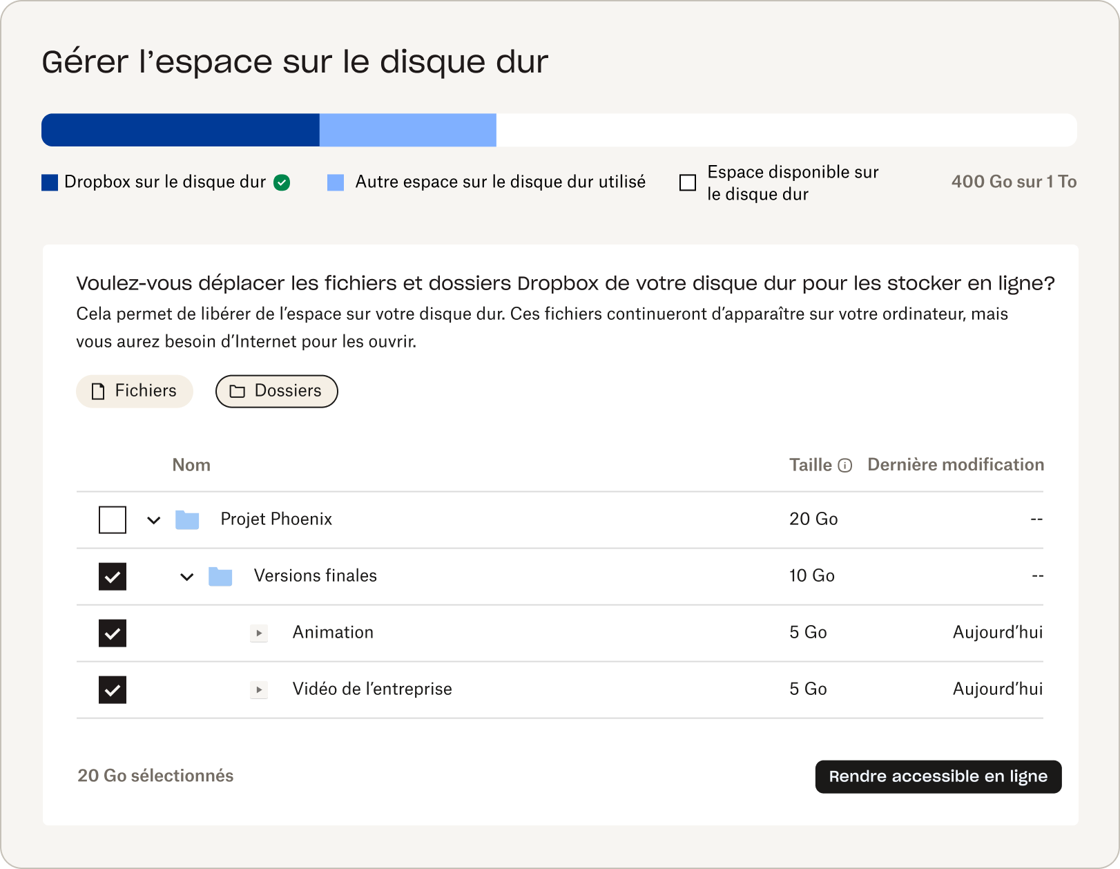 Espace de stockage utilisé sur un disque dur, avec des données et un graphique