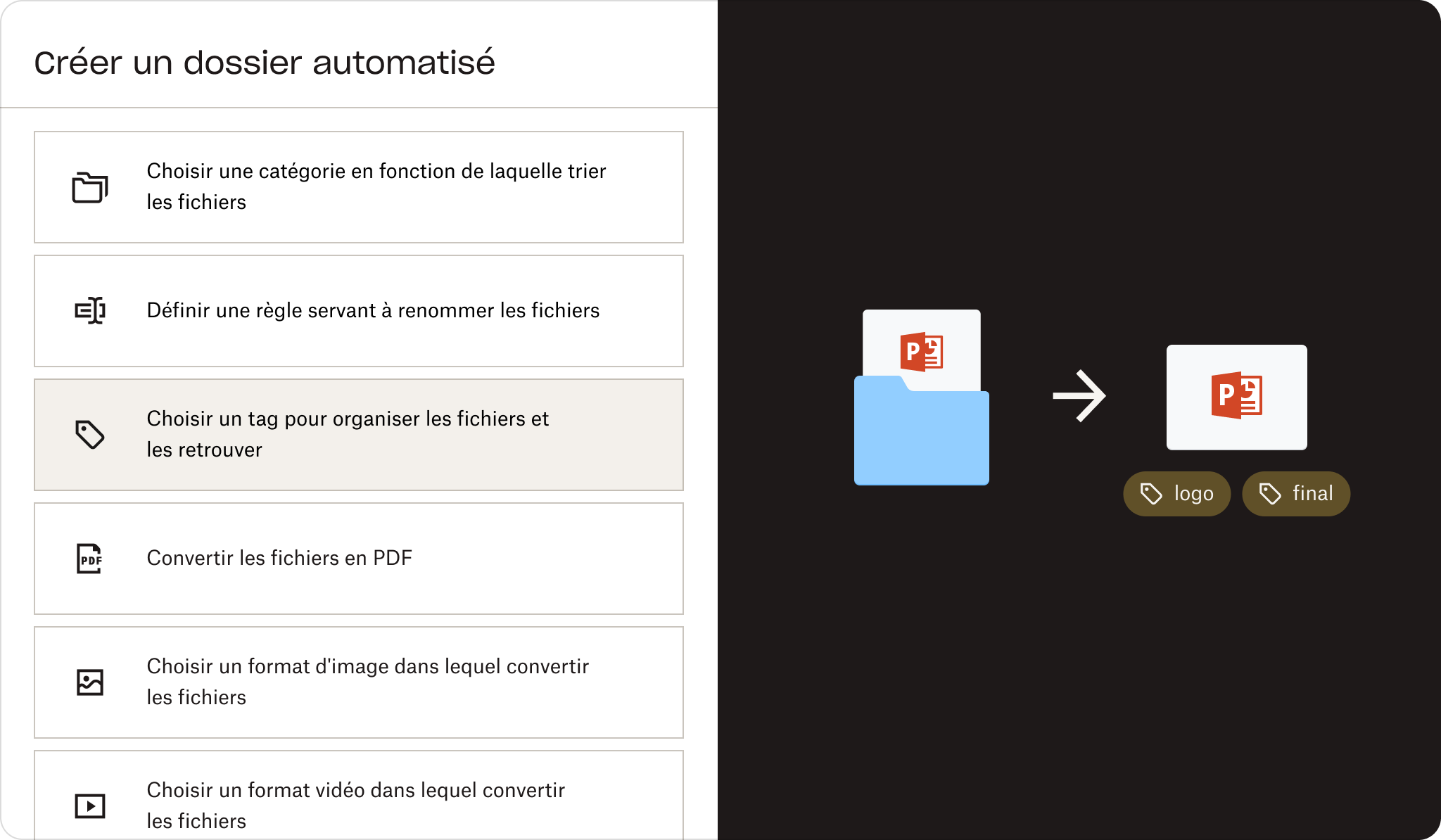 Étapes de création d’un dossier automatisé, avec l’image d’un dossier et d’un fichier