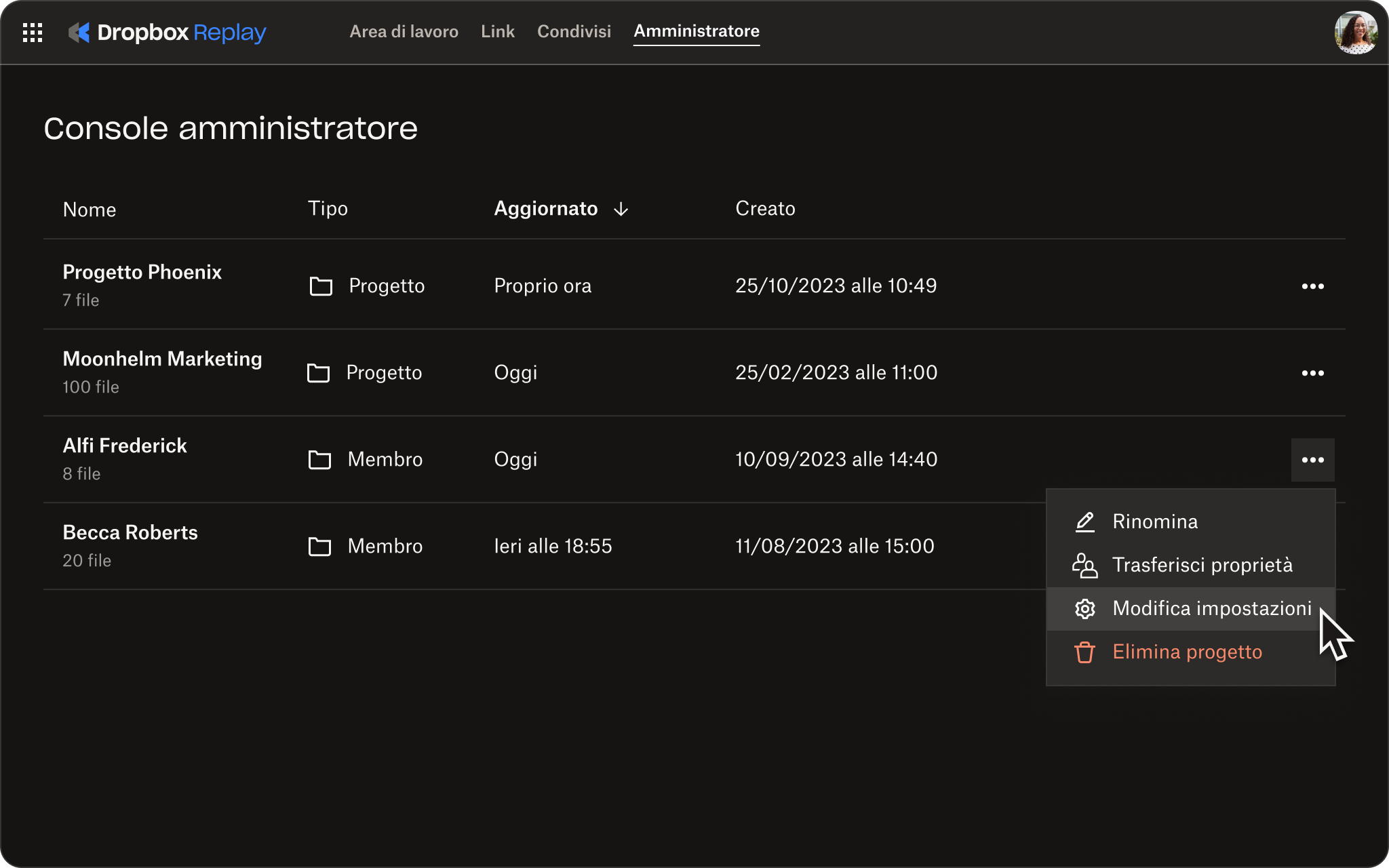 Screenshot della console amministratore Dropbox