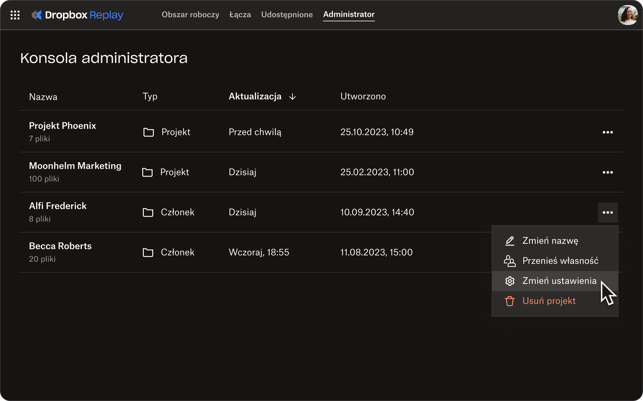 Zrzut ekranu przedstawiający konsolę administratora Dropbox