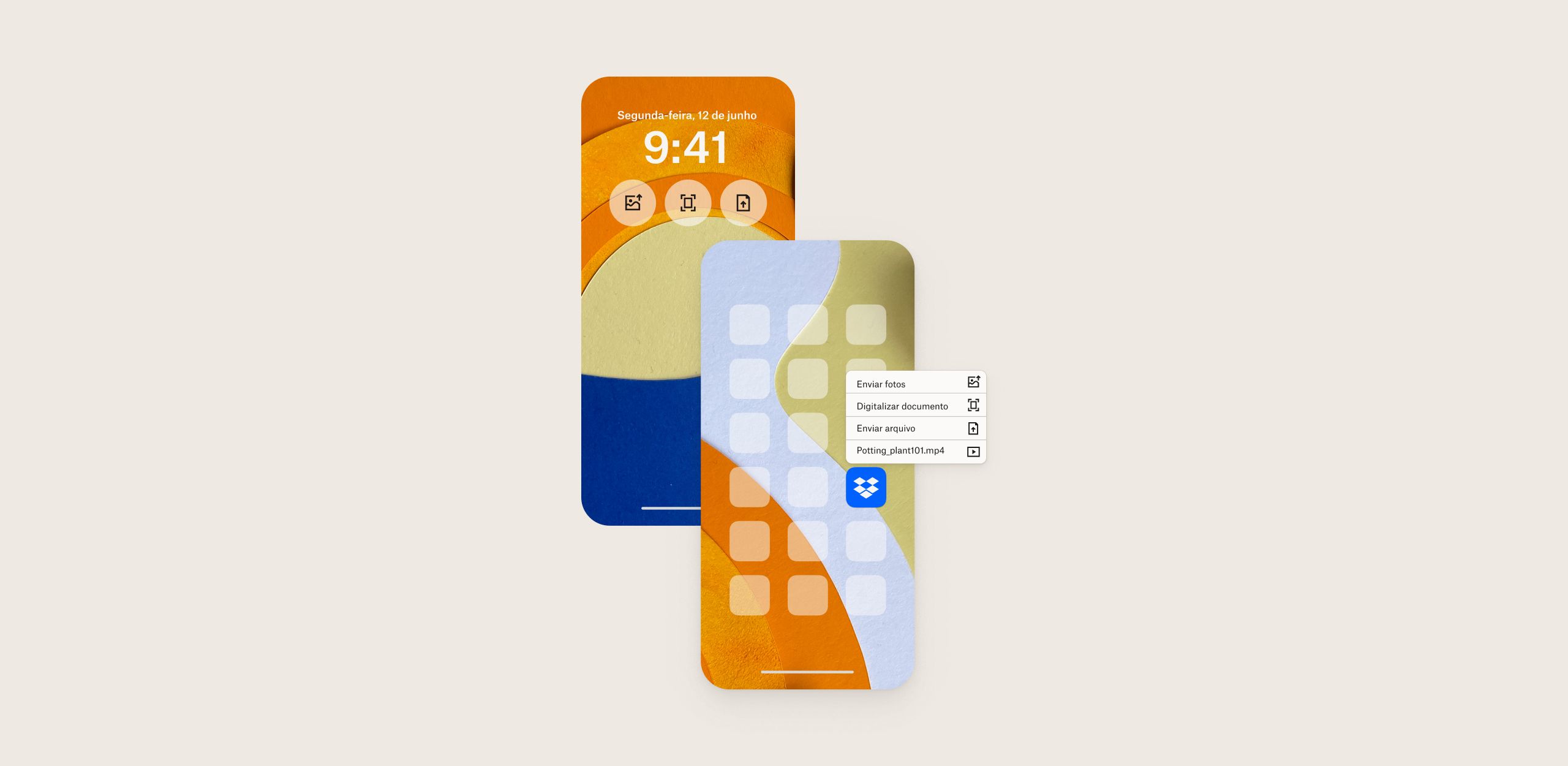 Uma maquete de duas telas de iPhone mostrando como os recursos do aplicativo do Dropbox para iOS podem ser usados sem abrir