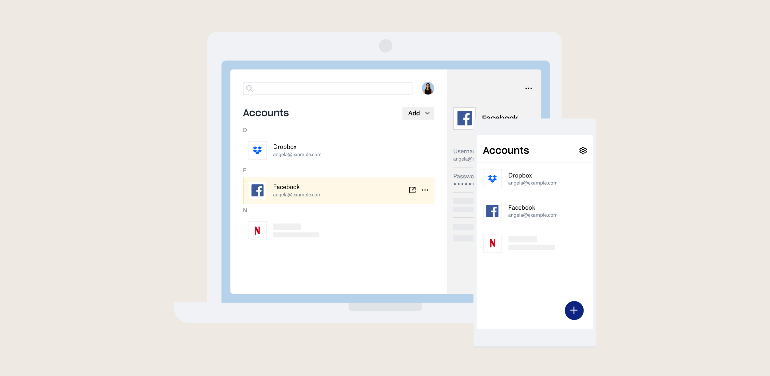 User reviewing their passwords with Dropbox Passwords on a laptop and phone