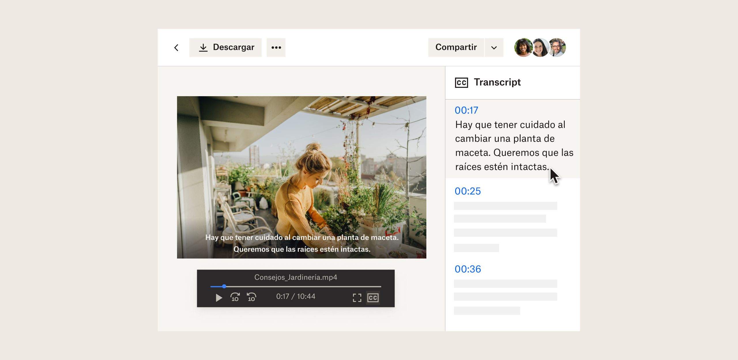 Vista previa de un vídeo sobre el trasplante de plantas en Dropbox, con transcripciones, subtítulos y controles de reproducción
