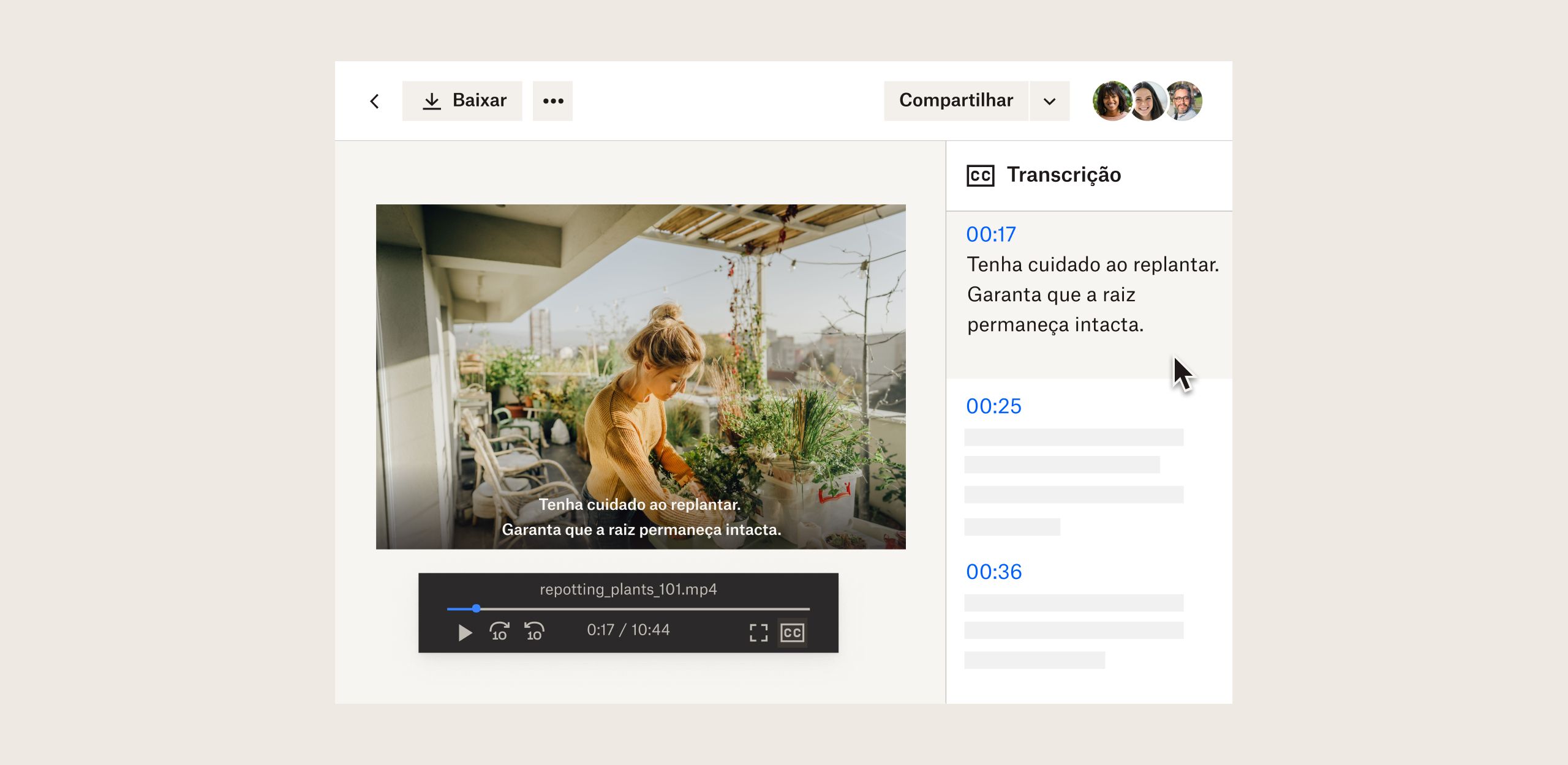 Visualização prévia do vídeo de replantio de plantas no Dropbox com transcrições, legendas e controles de reprodução
