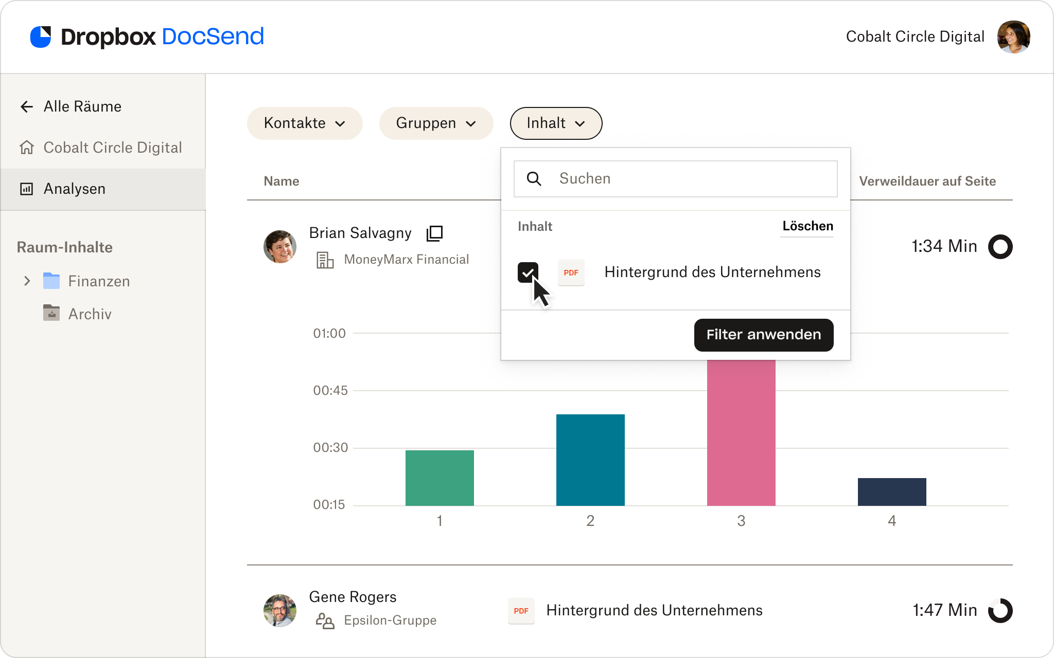 DocSend-Bildschirm für präzise Datenraumanalysen