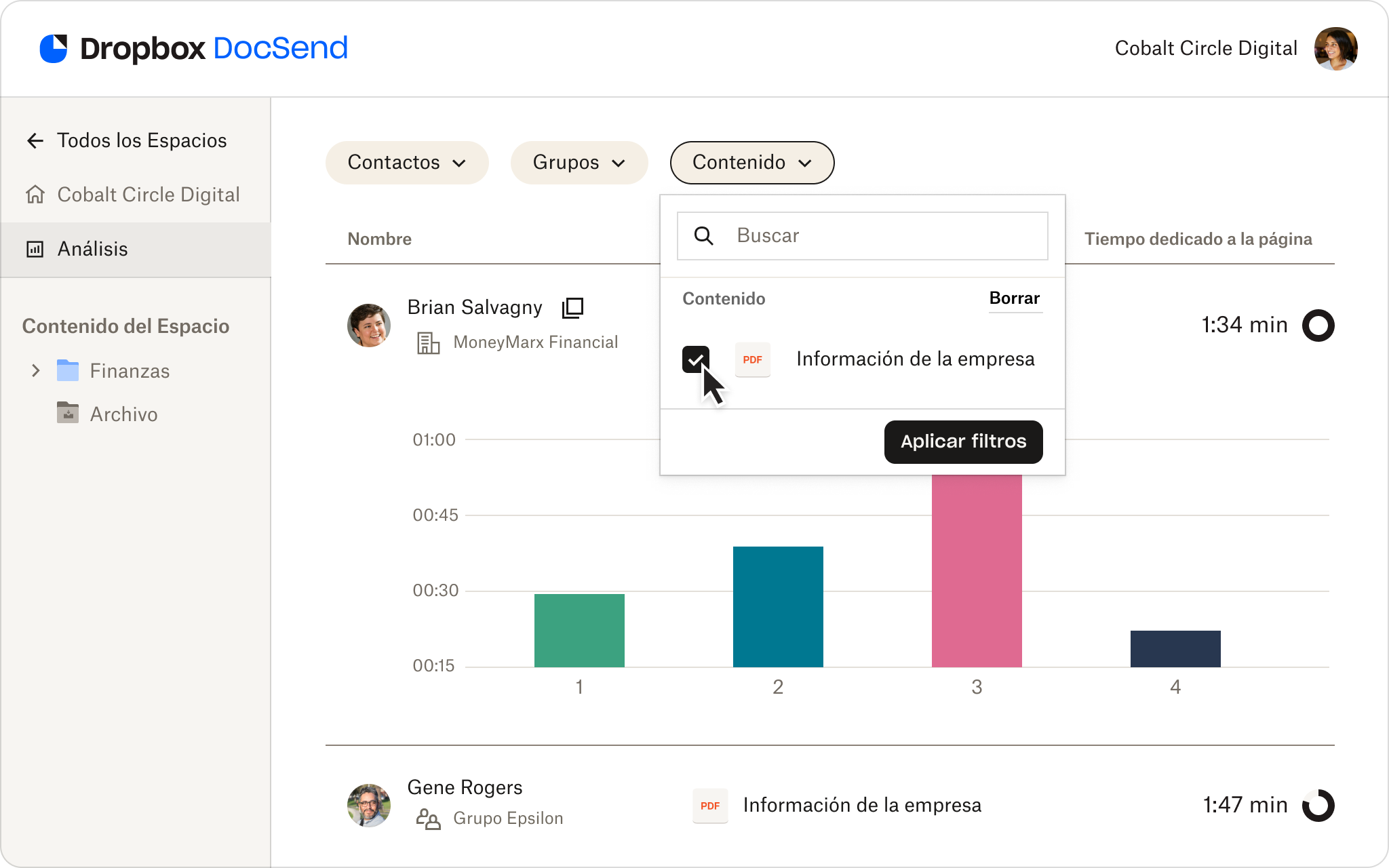 Pantalla de análisis granular de salas de datos de DocSend
