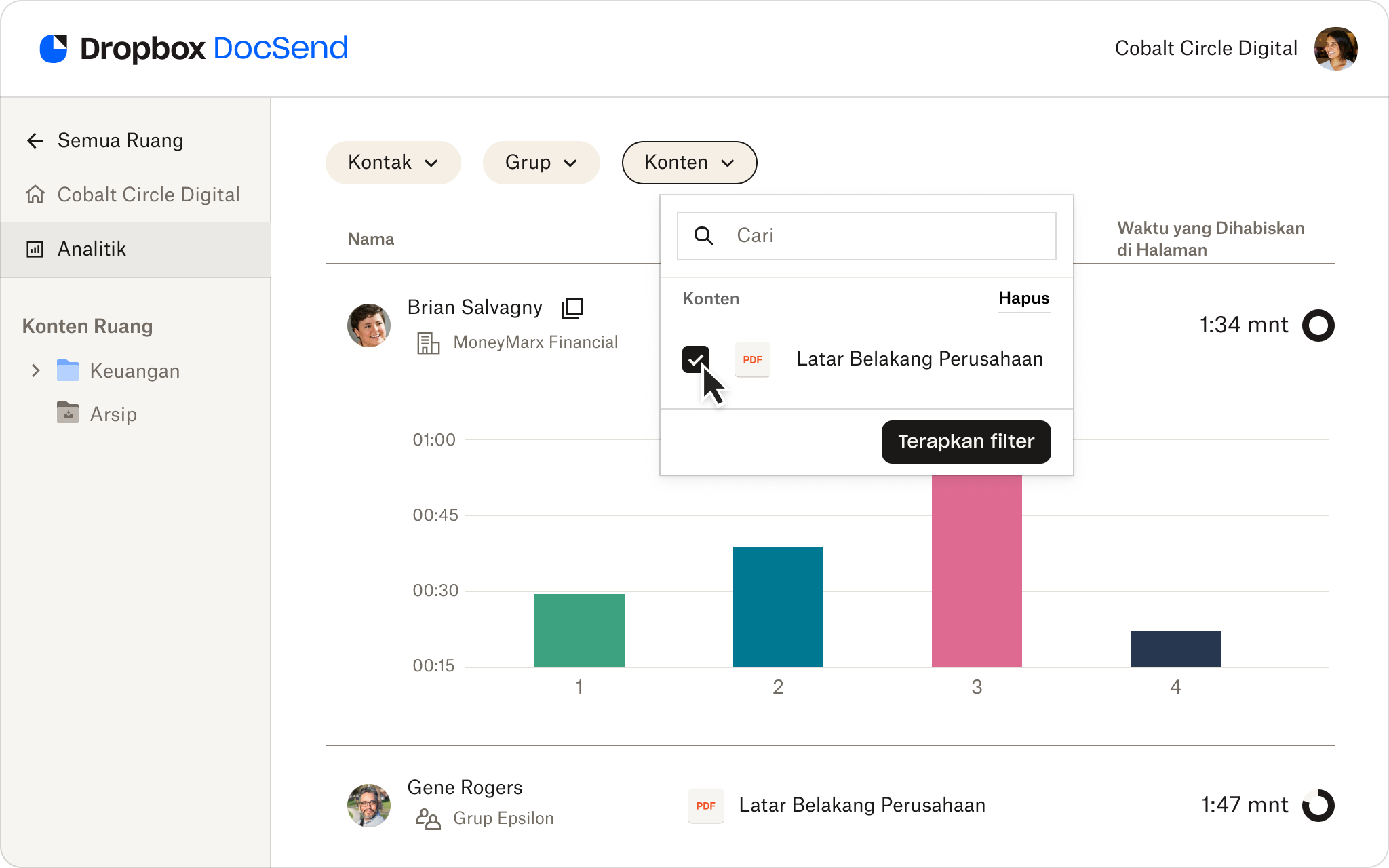 Layar analitik ruang data terperinci DocSend