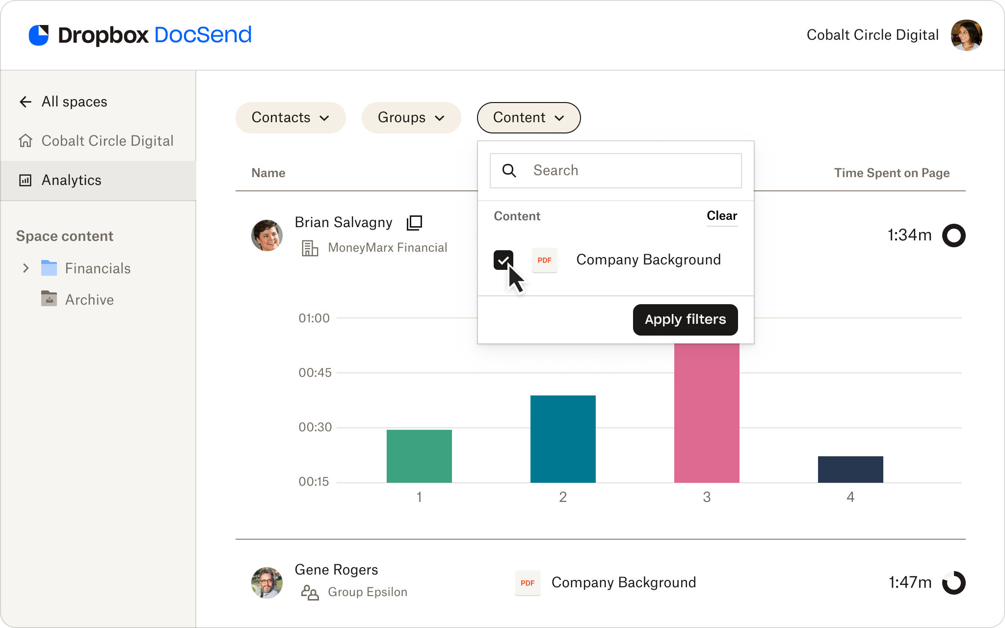DocSend granular data room analytics screen