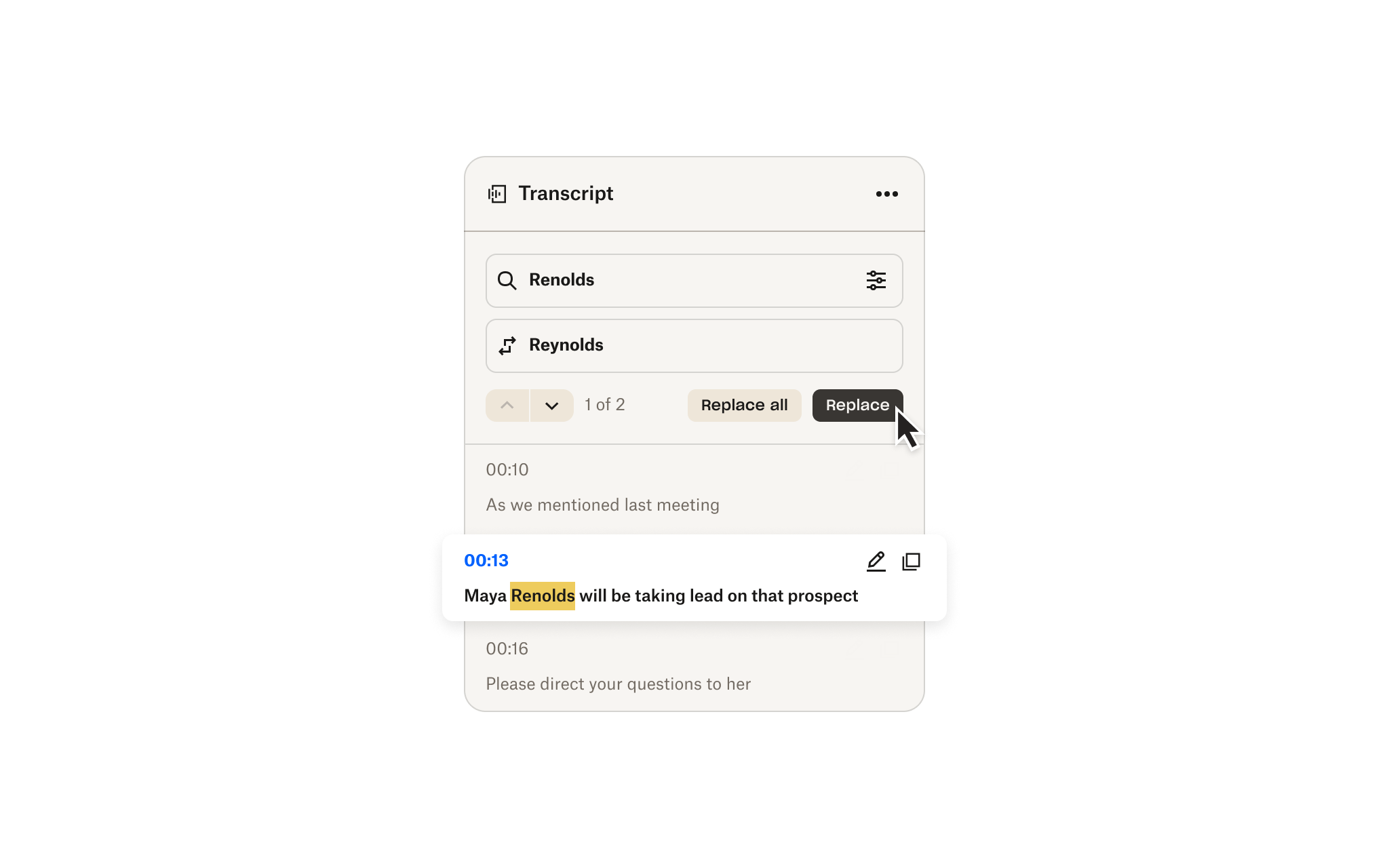 Fungsi temukan dan ganti di Dropbox untuk transkrip audio dan video