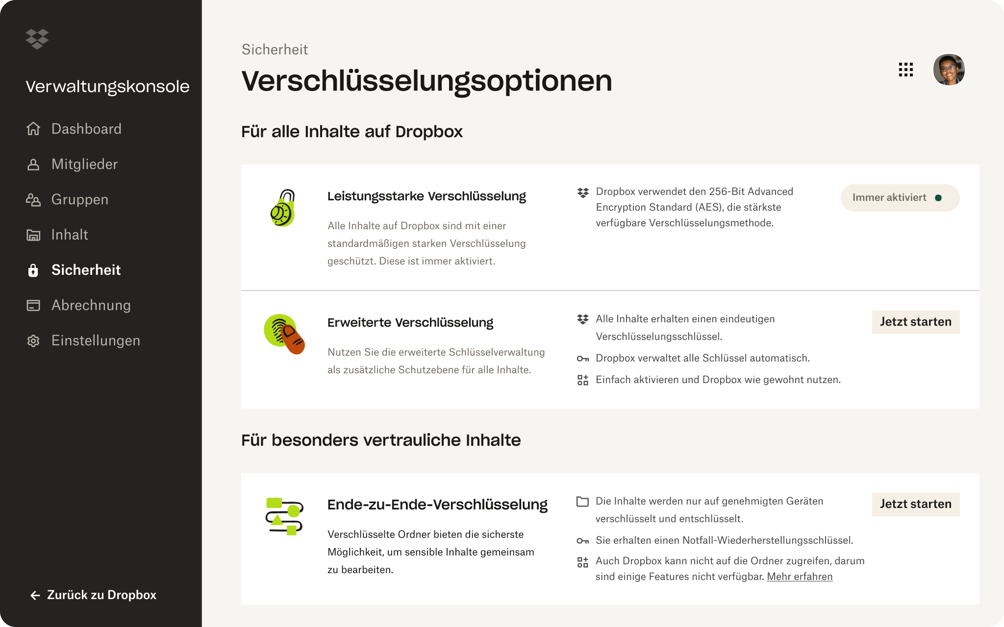 Verschlüsselungsoptionen in der Verwaltungskonsole