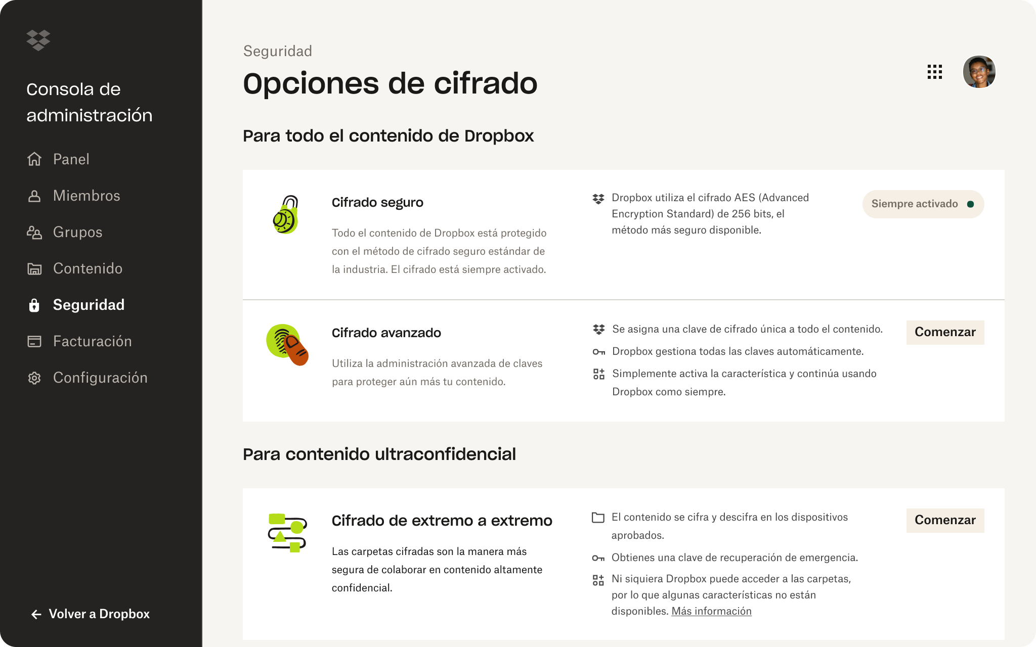 Opciones de cifrado en la consola de administración
