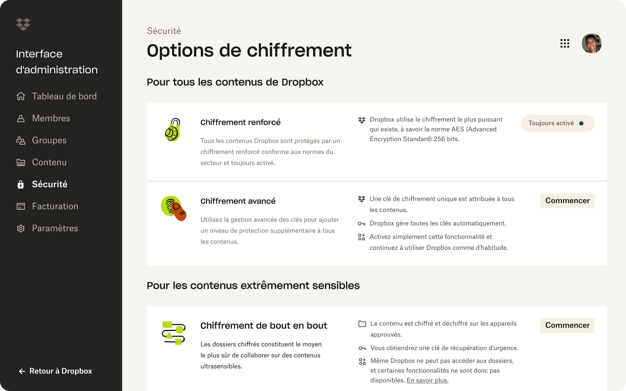 Options de chiffrement dans l’interface d’administration