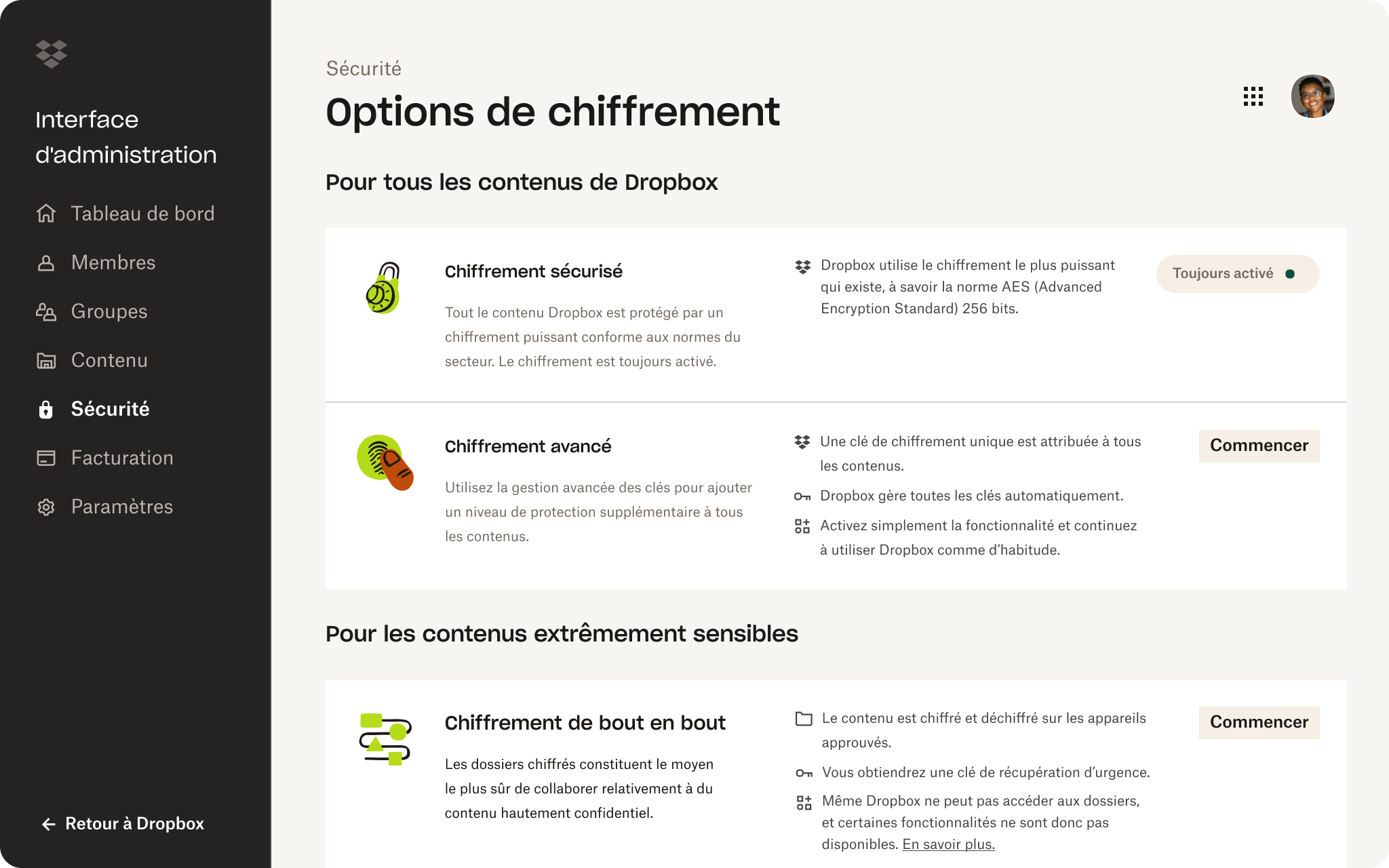Options de chiffrement dans l’interface d’administration