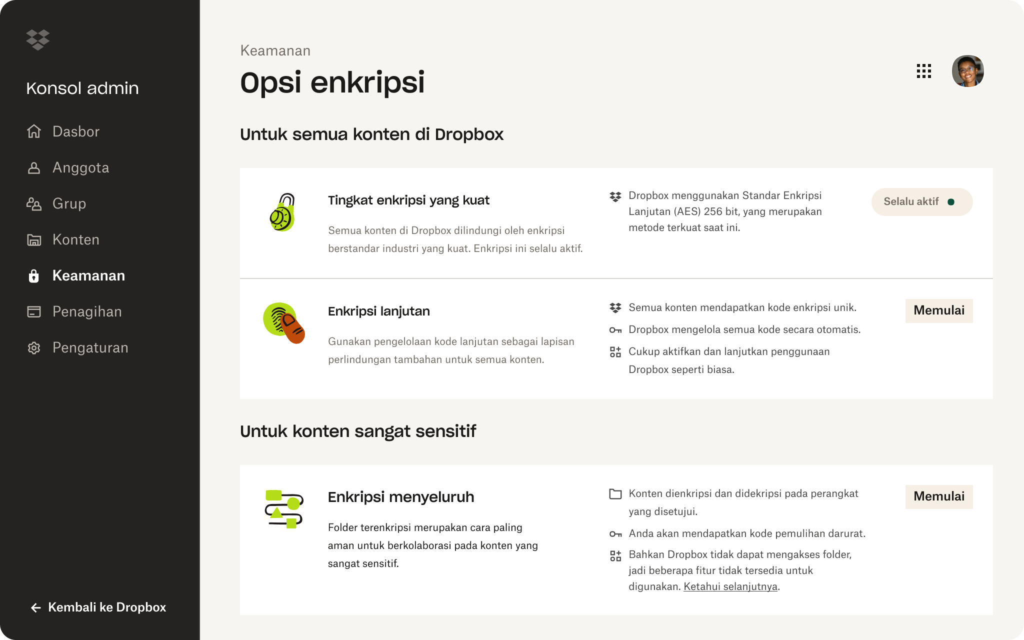 Opsi enkripsi di konsol admin