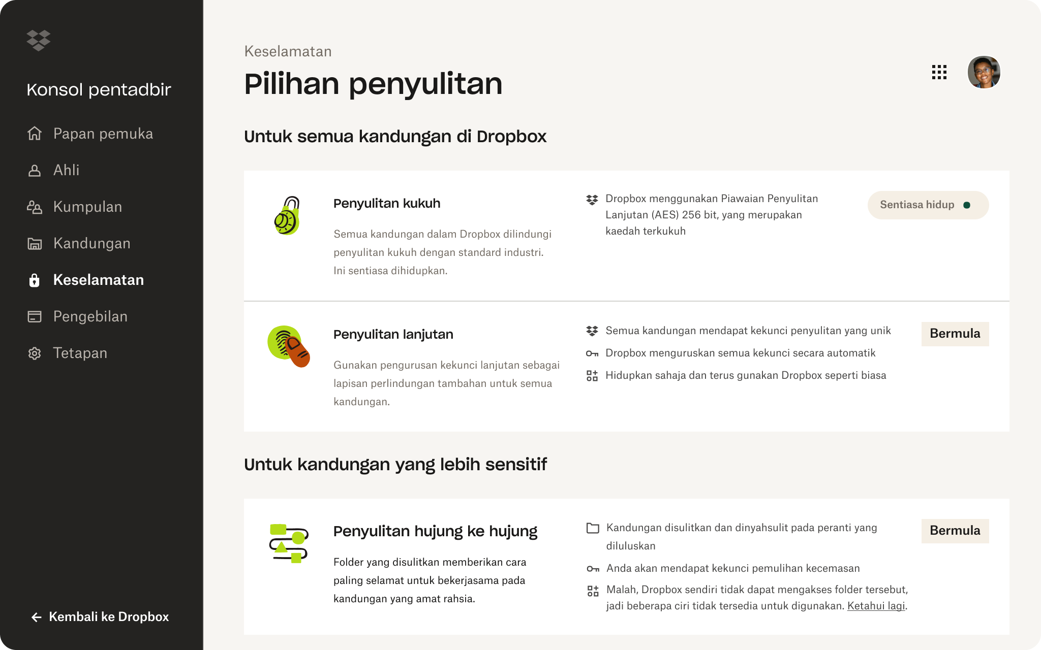 Pilihan penyulitan dalam konsol pentadbir