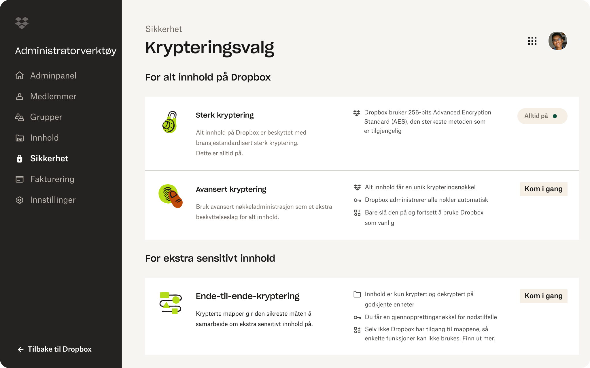 Krypteringsalternativer i administratorverktøy