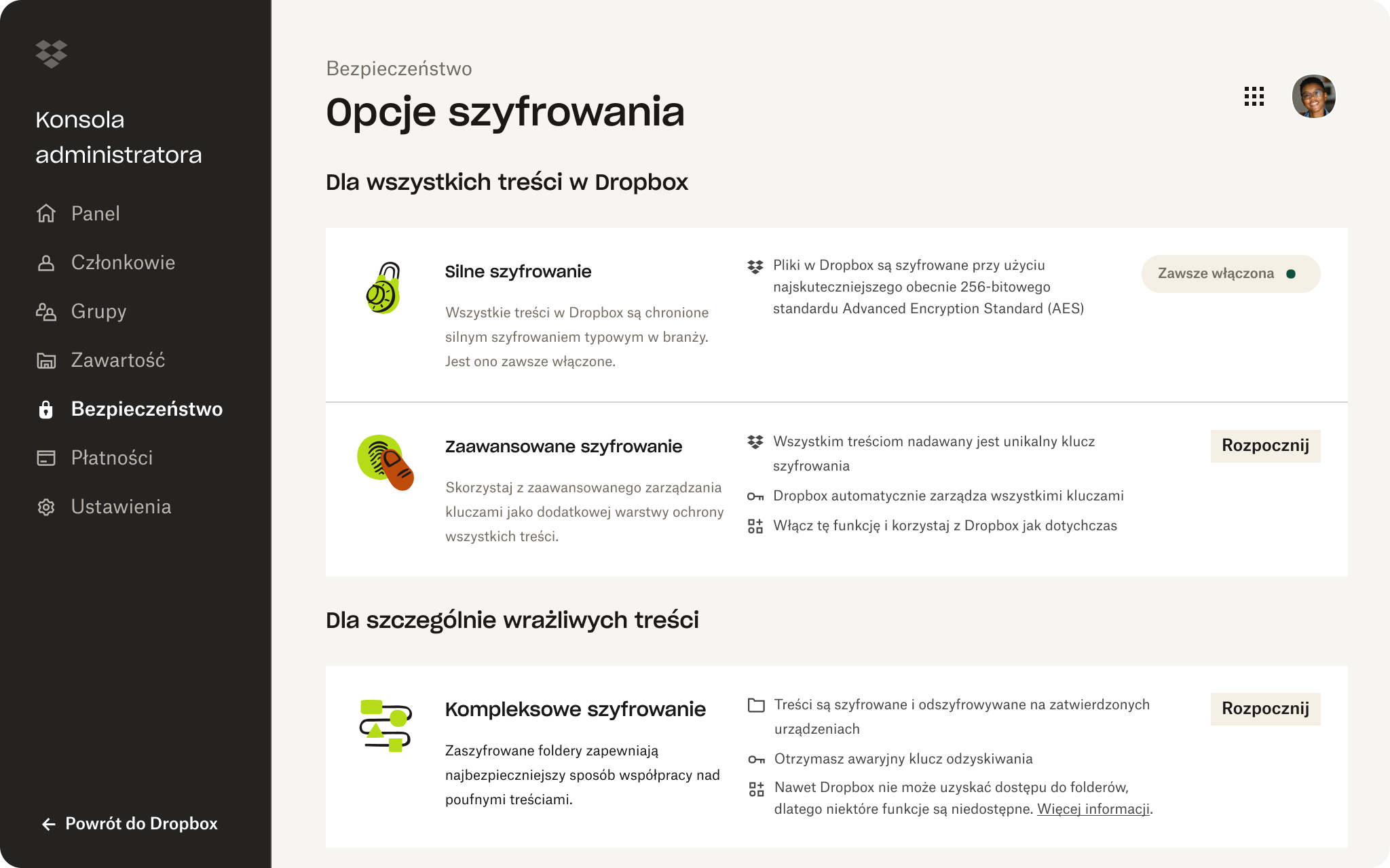 Opcje szyfrowania w Konsoli administratora