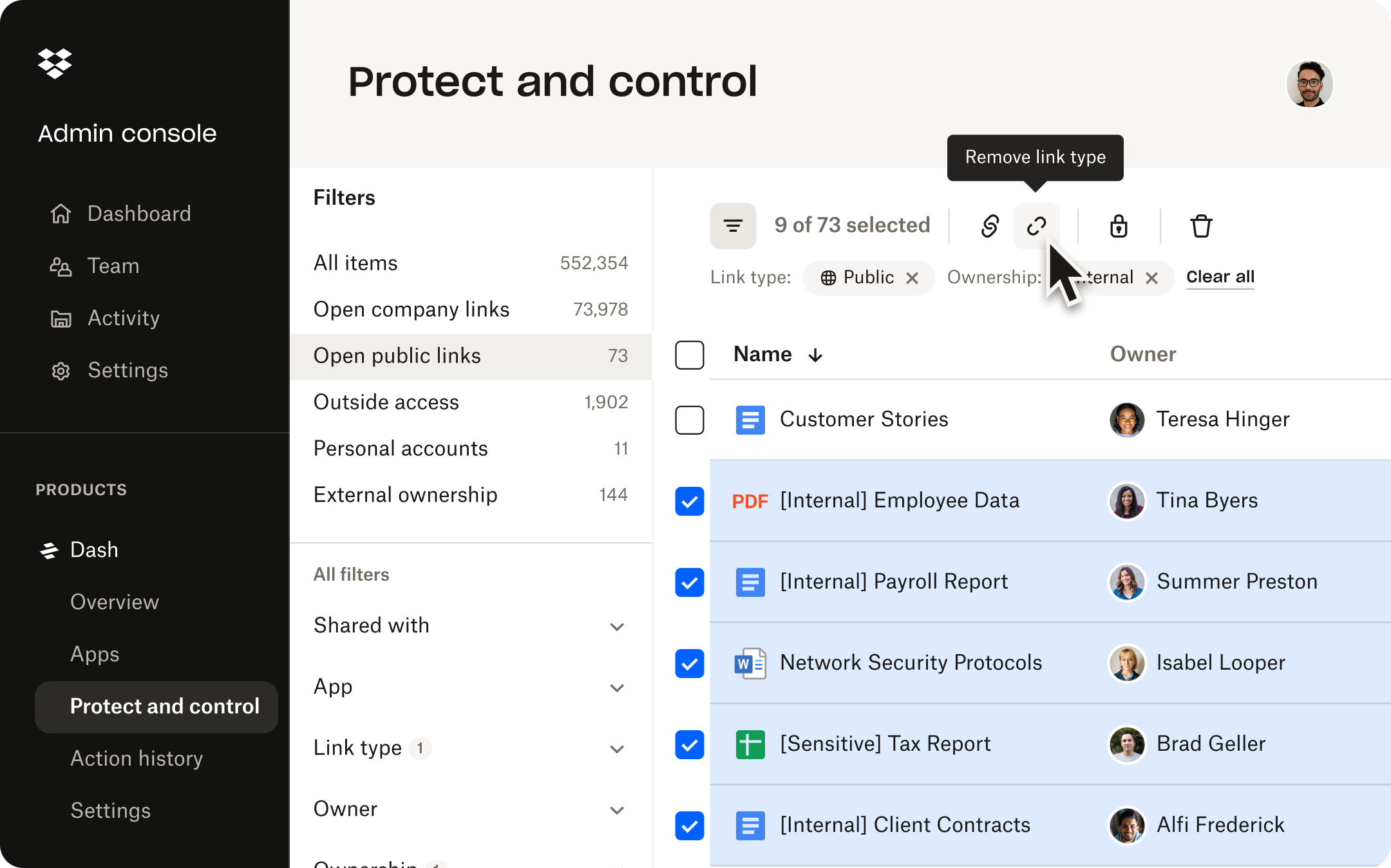 Dash security interface
