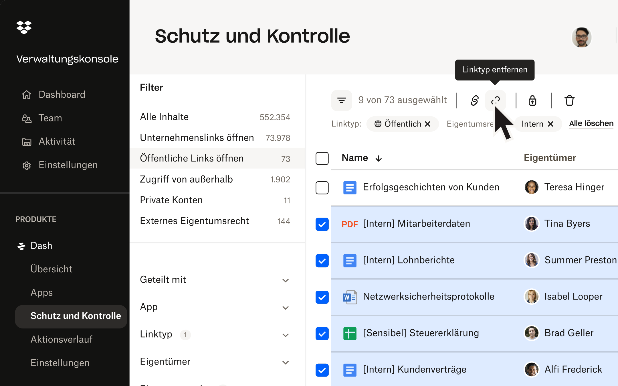 Dash-Sicherheitsbenutzeroberfläche