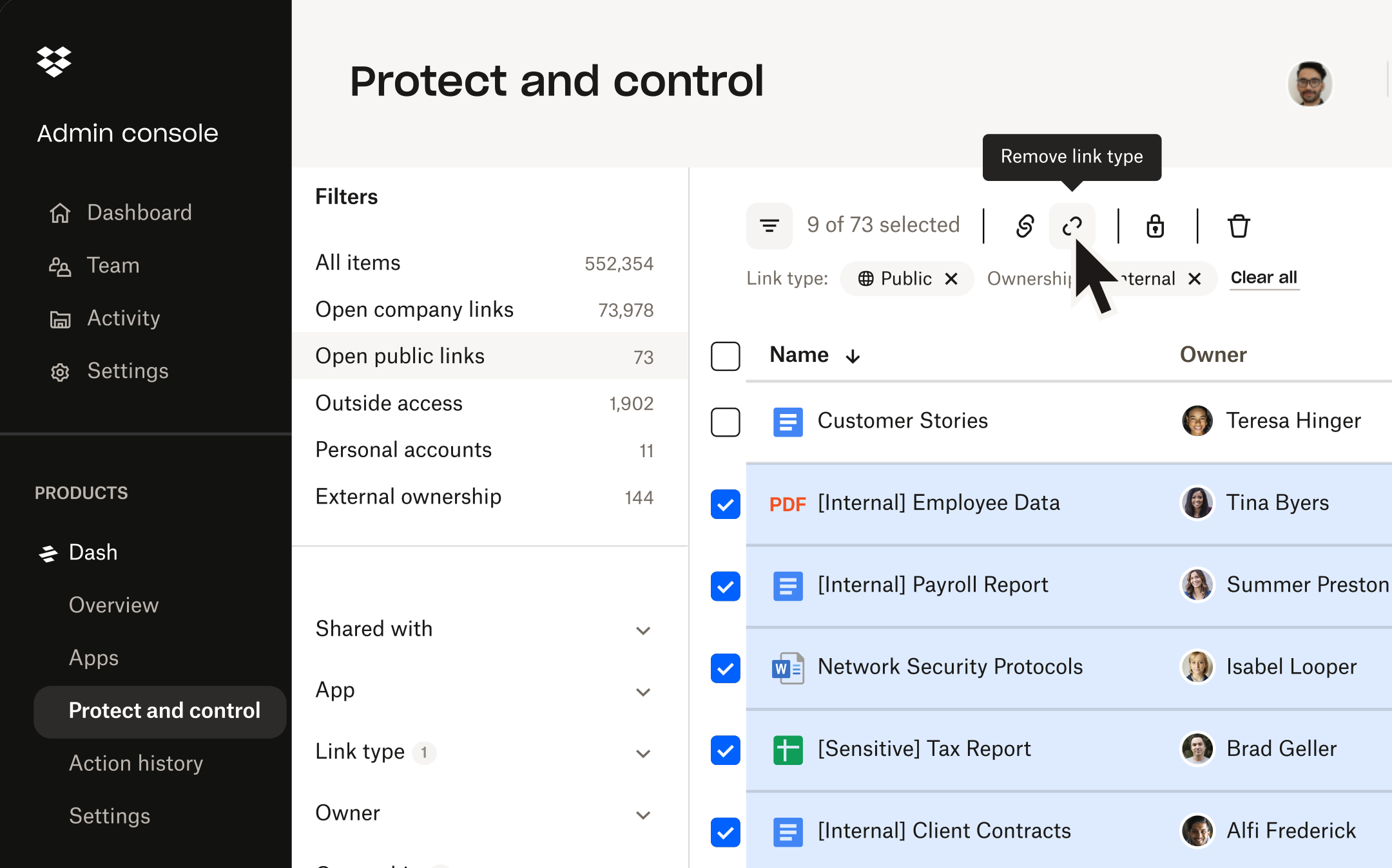 Dash security interface