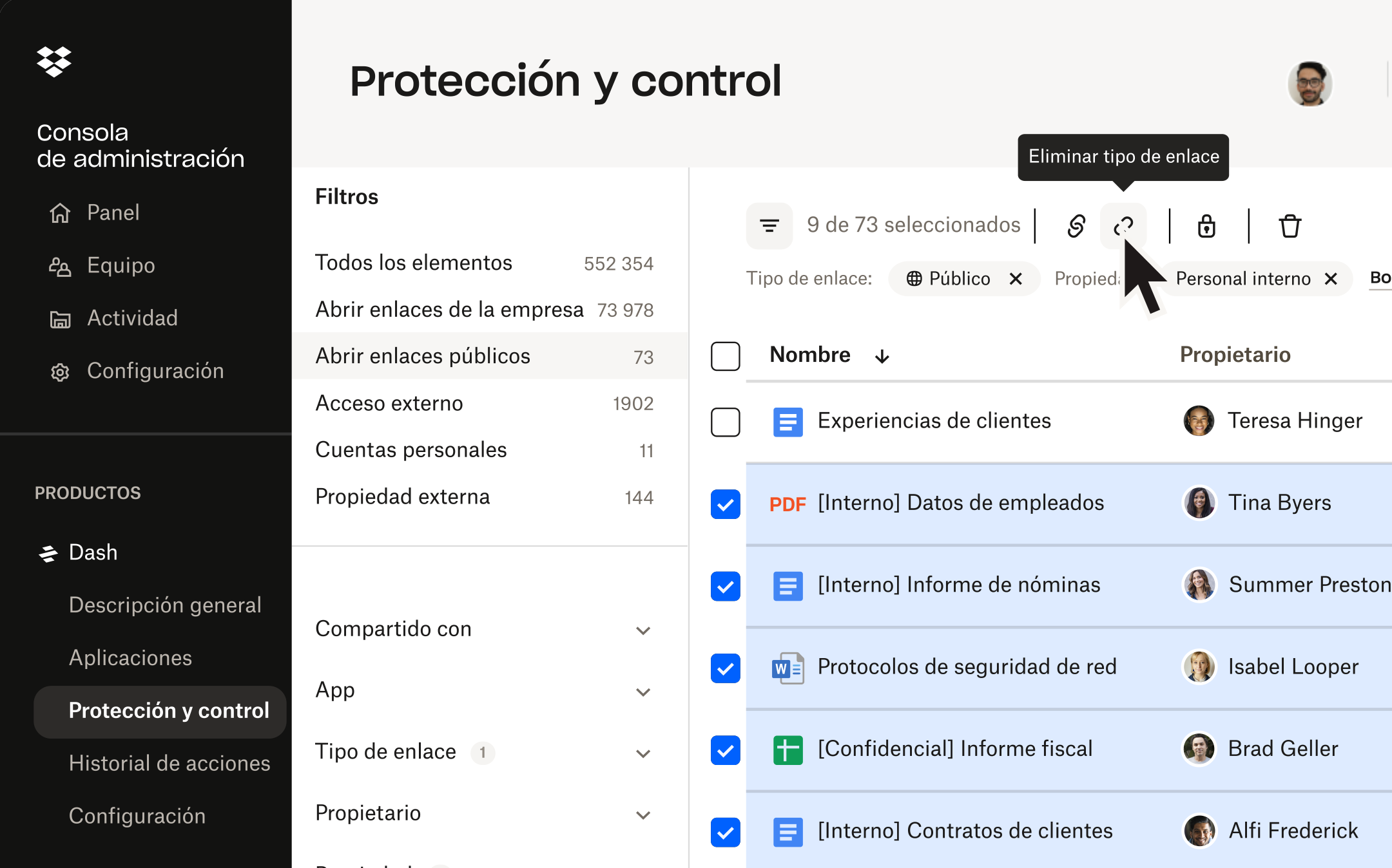 Interfaz de seguridad de Dash