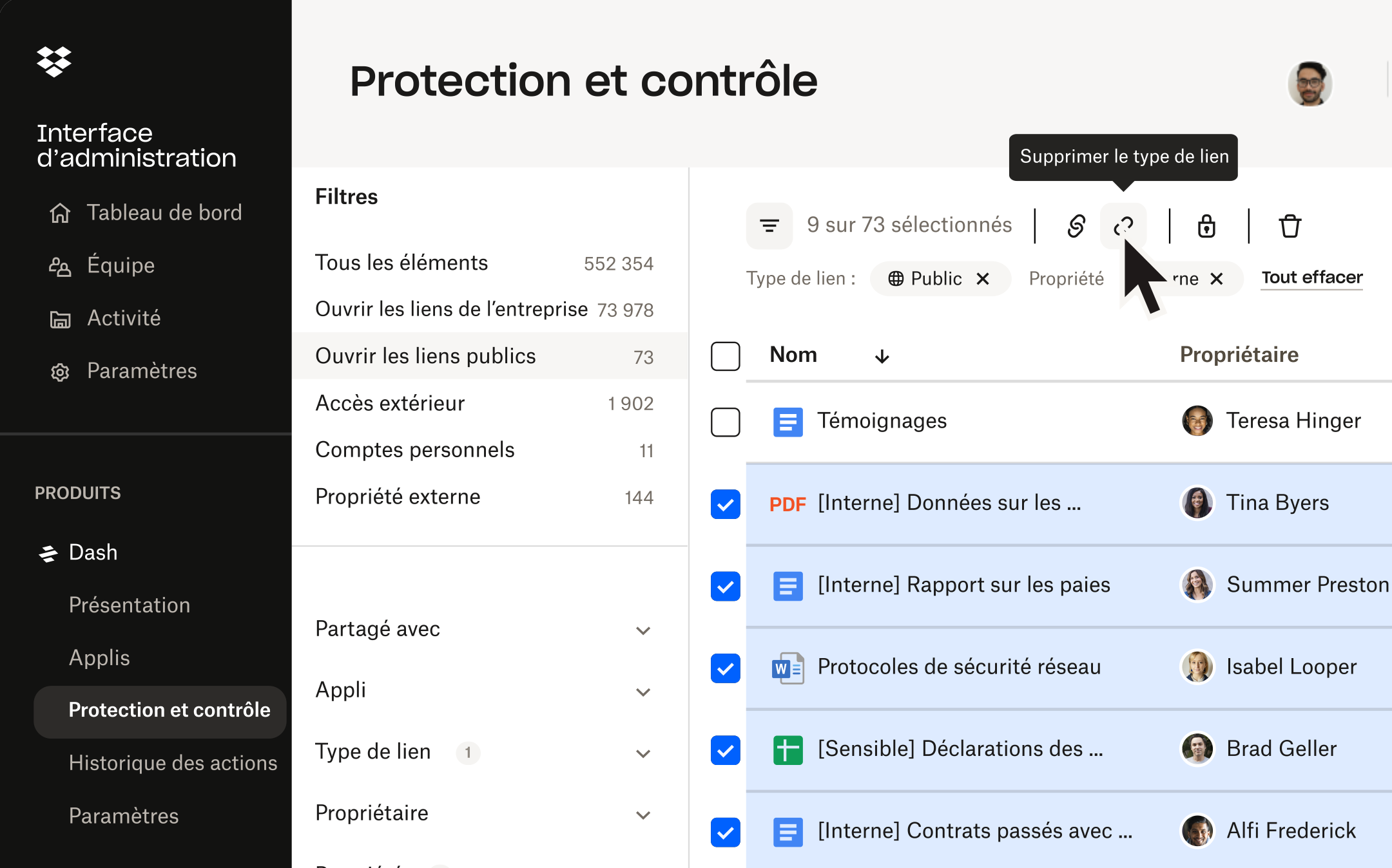 Interface de sécurité de Dash