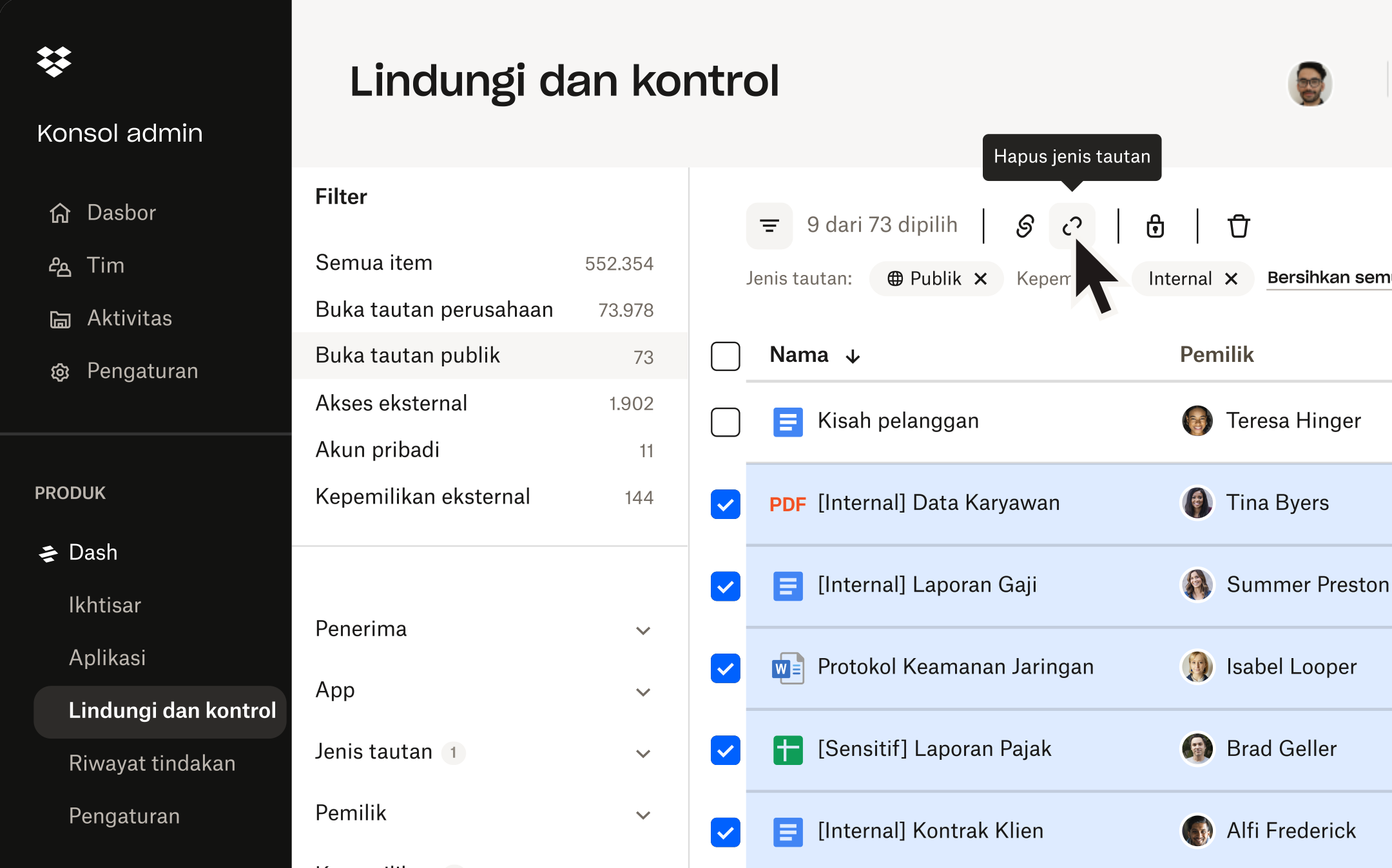 Antarmuka keamanan Dash