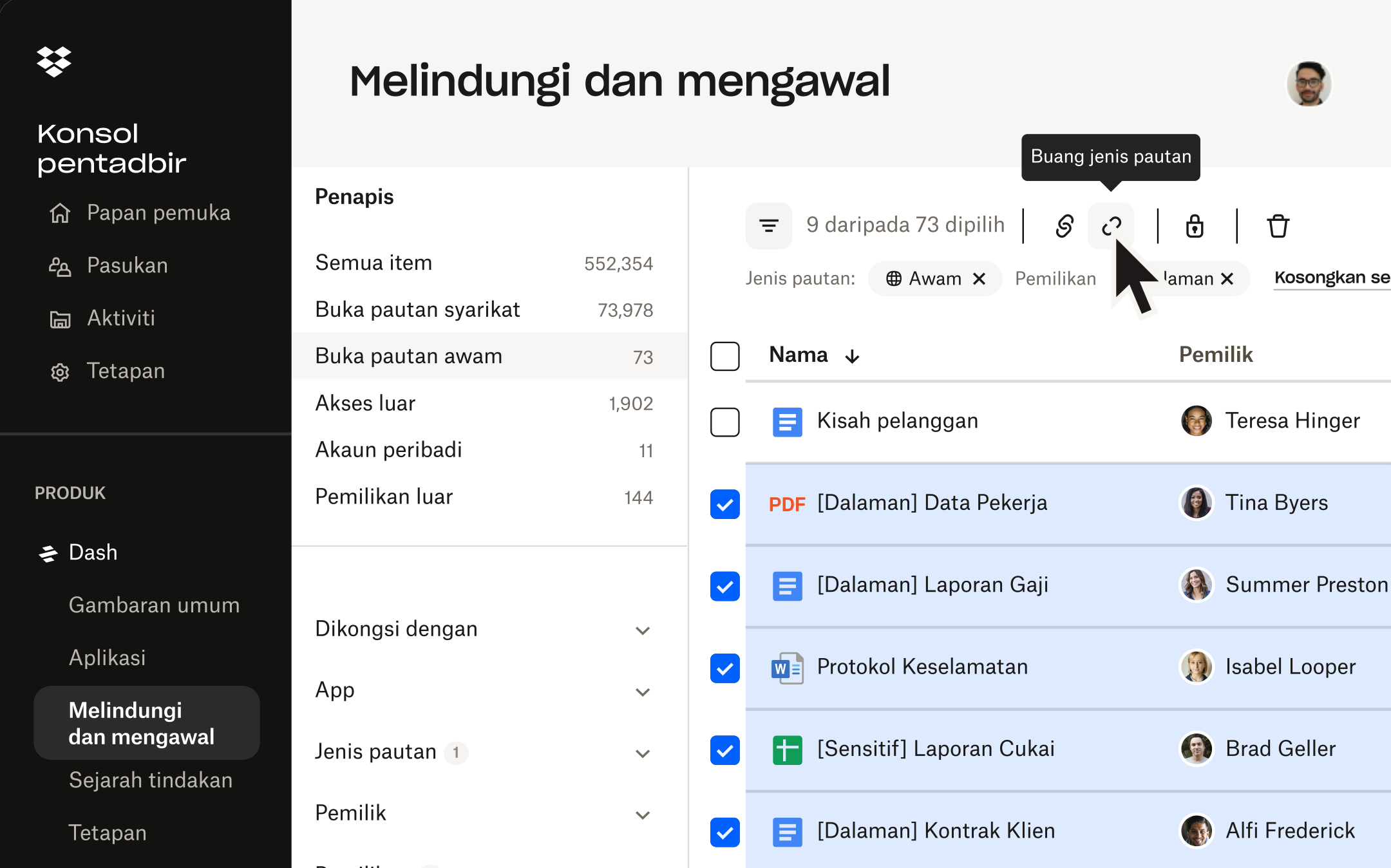 Antara muka keselamatan Dash