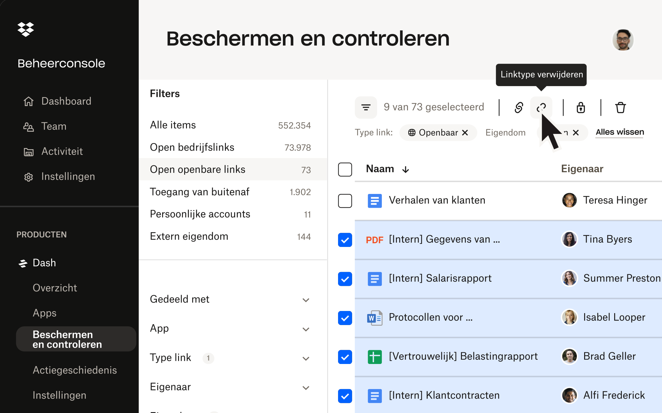 Dash-beveiligingsinterface