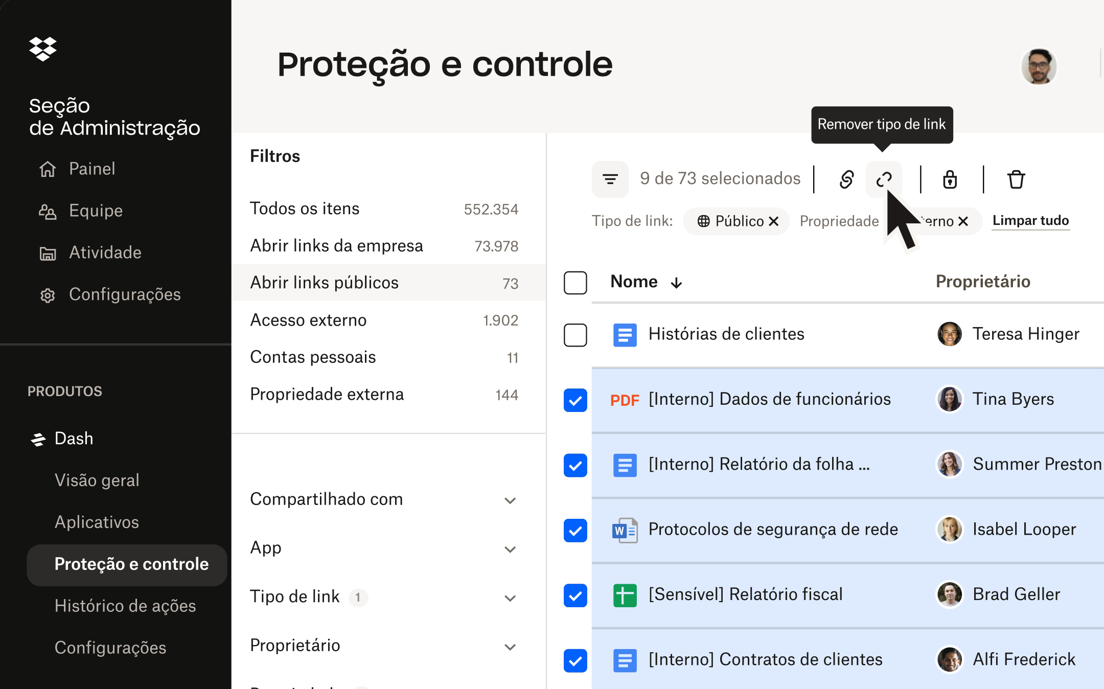 Interface de segurança do Dash