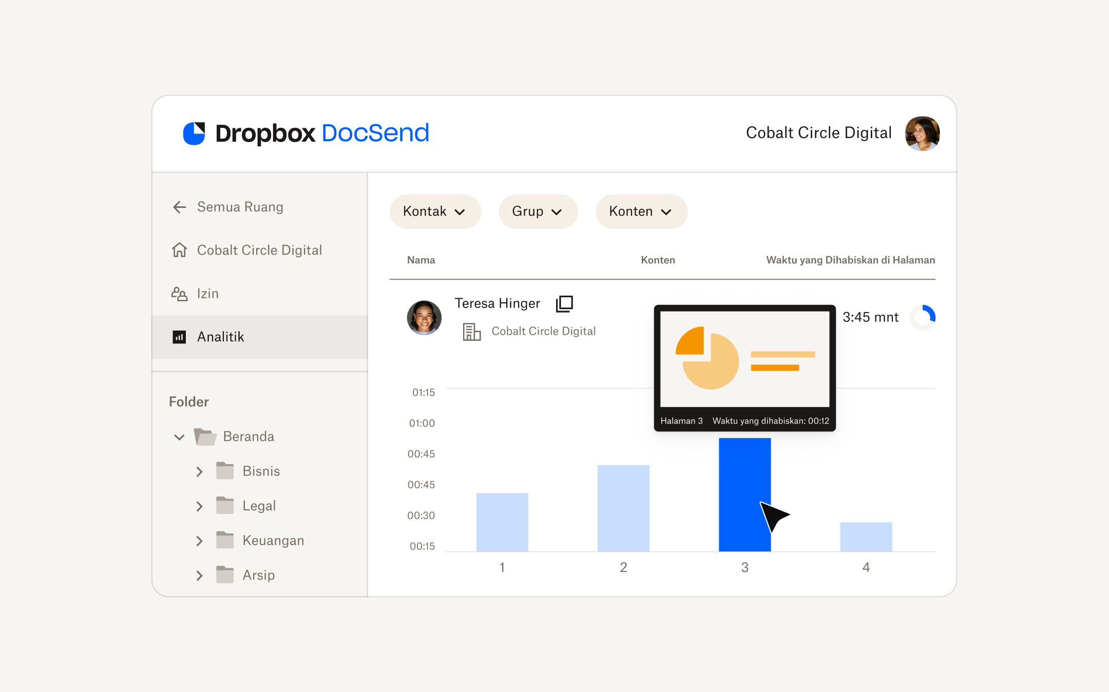 Layar analitik ruang data DocSend
