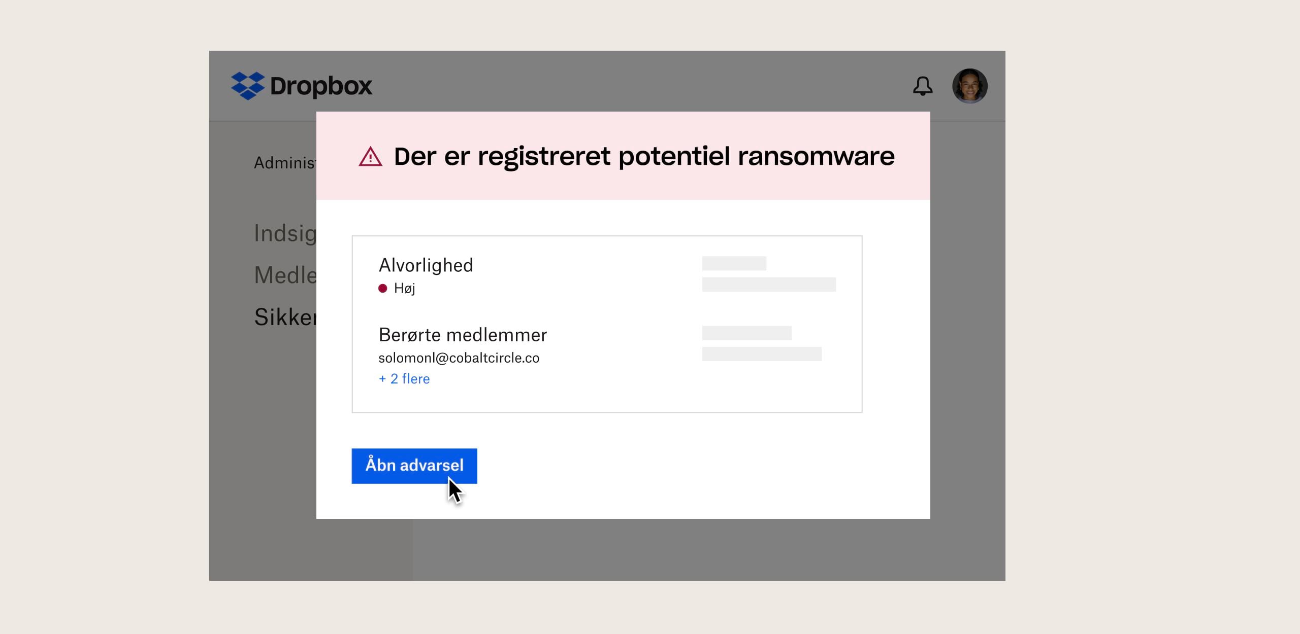 En ser på en advarsel om mistanke om ransomware i Dropbox