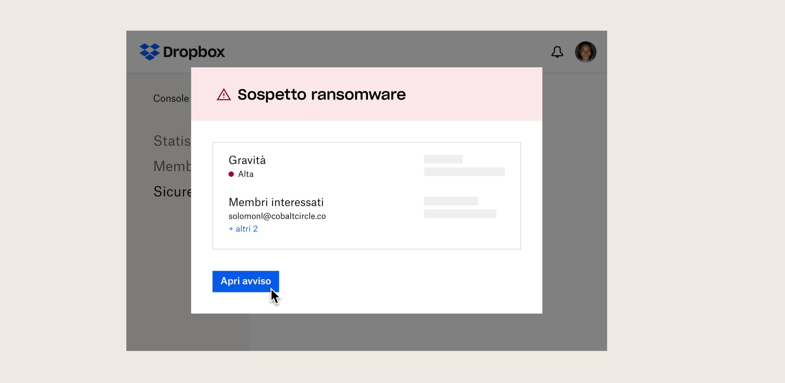 Un utente visualizza un messaggio di sicurezza relativo a un sospetto ransomware in Dropbox